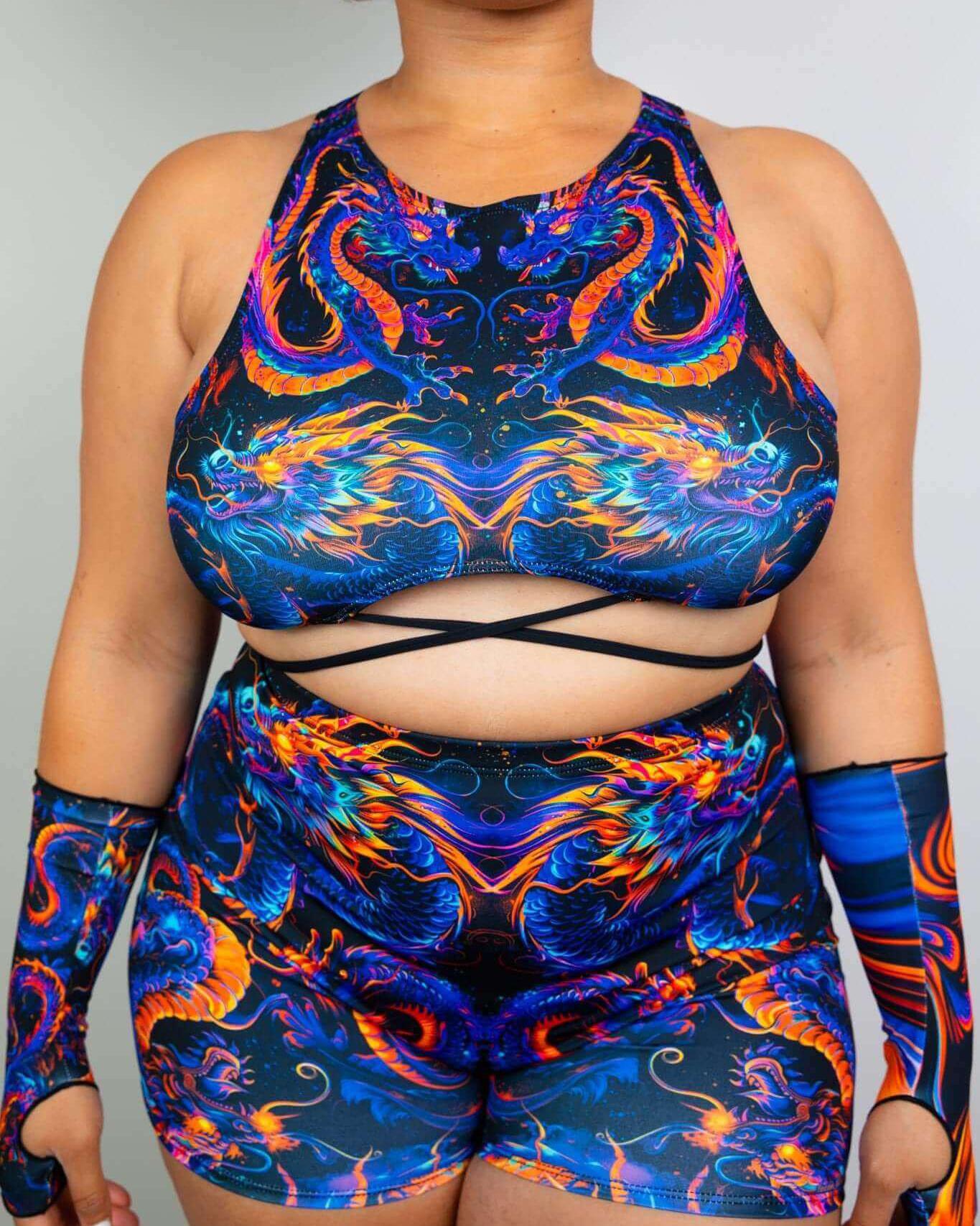 Fierce ShadowFlame Teaser Top with crisscross straps, colorful dragon design, perfect for rave outfits.