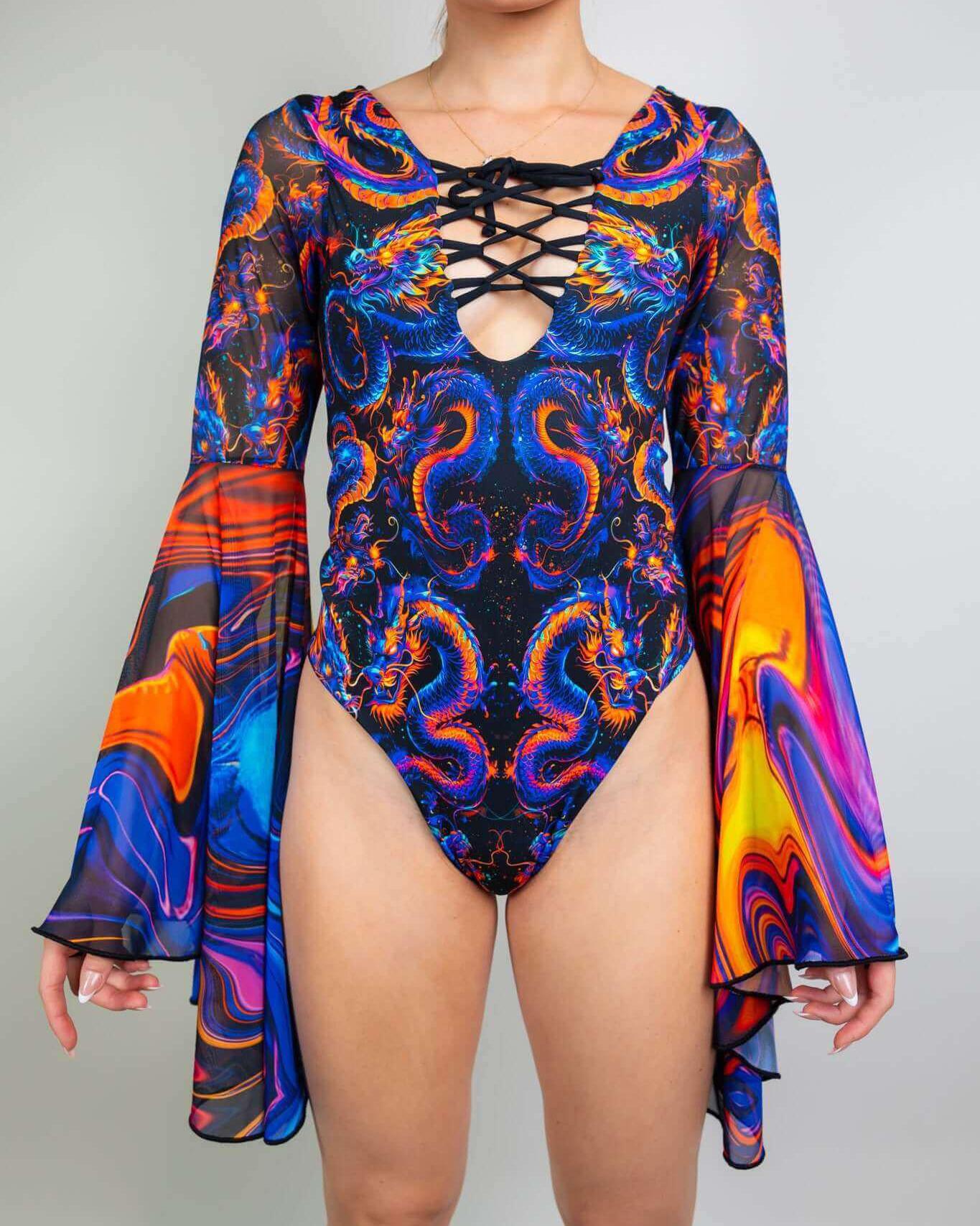 ShadowFlame Goddess Bodysuit featuring lace-up detailing and dramatic circle sleeves, perfect for rave outfits.