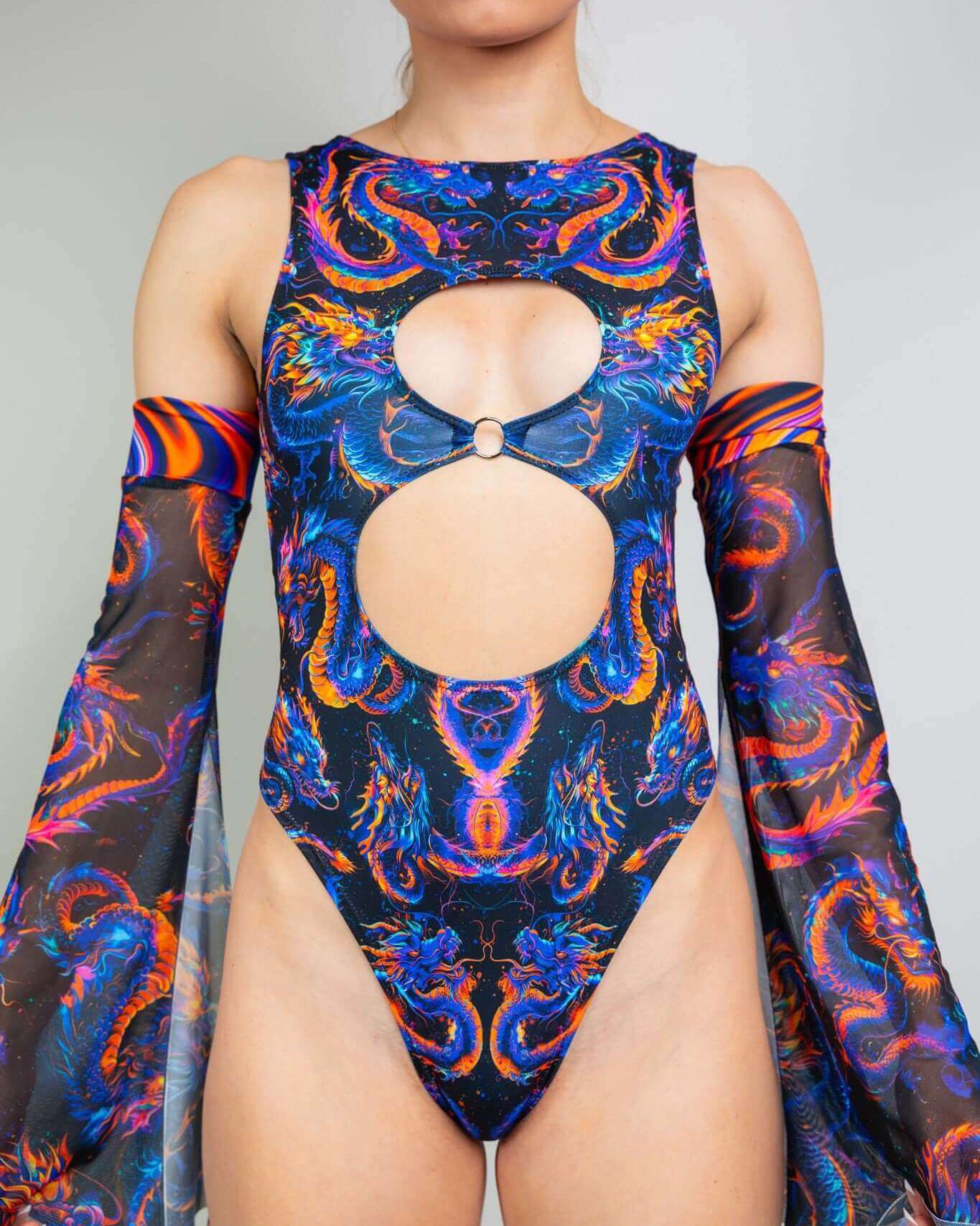 Colorful ShadowFlame Keyhole Bodysuit with cutouts, long sheer sleeves, perfect for rave outfits.