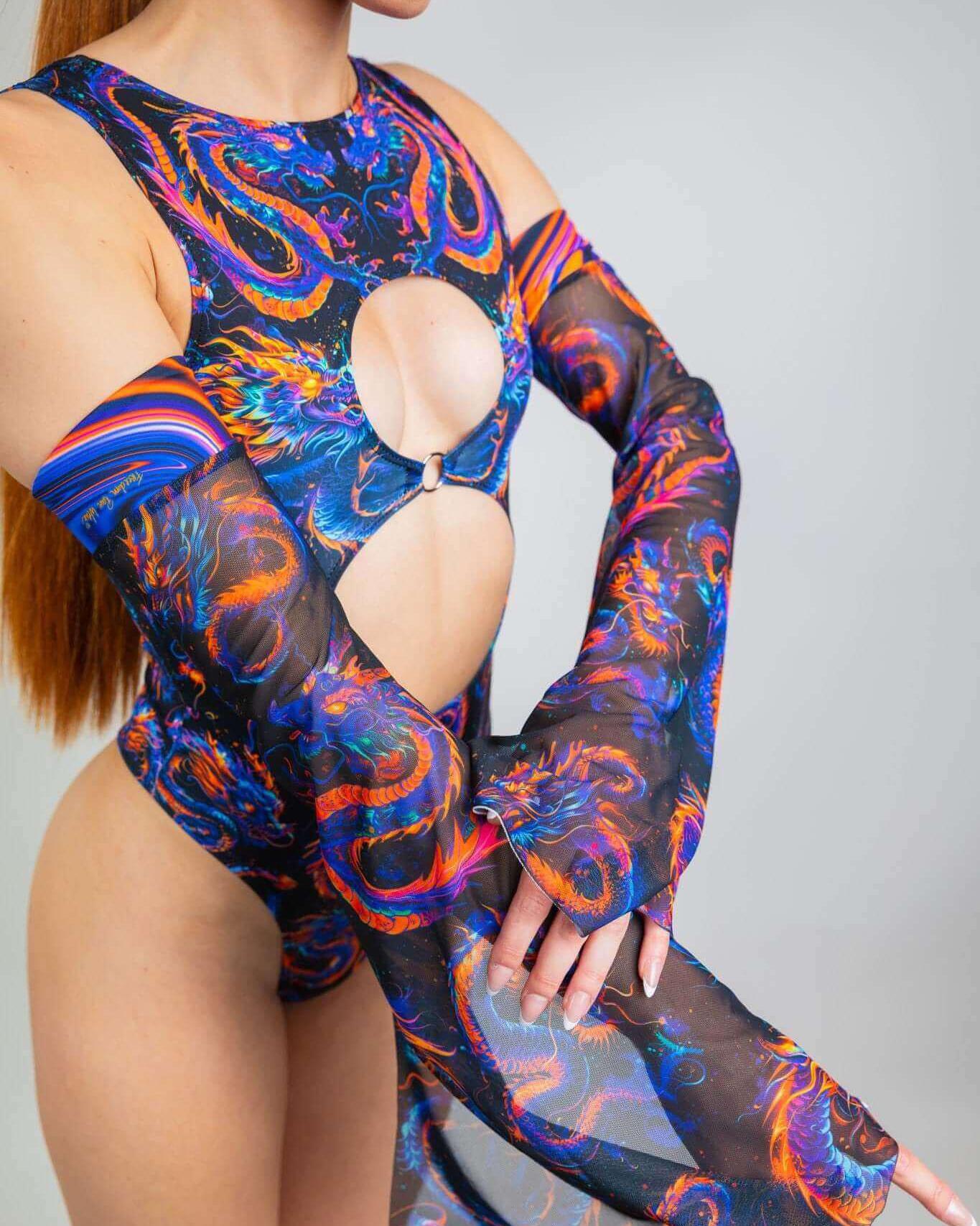 Model showcasing the vibrant blue and orange ShadowFlame Metamorphosis Sleeves over a stylish rave outfit.