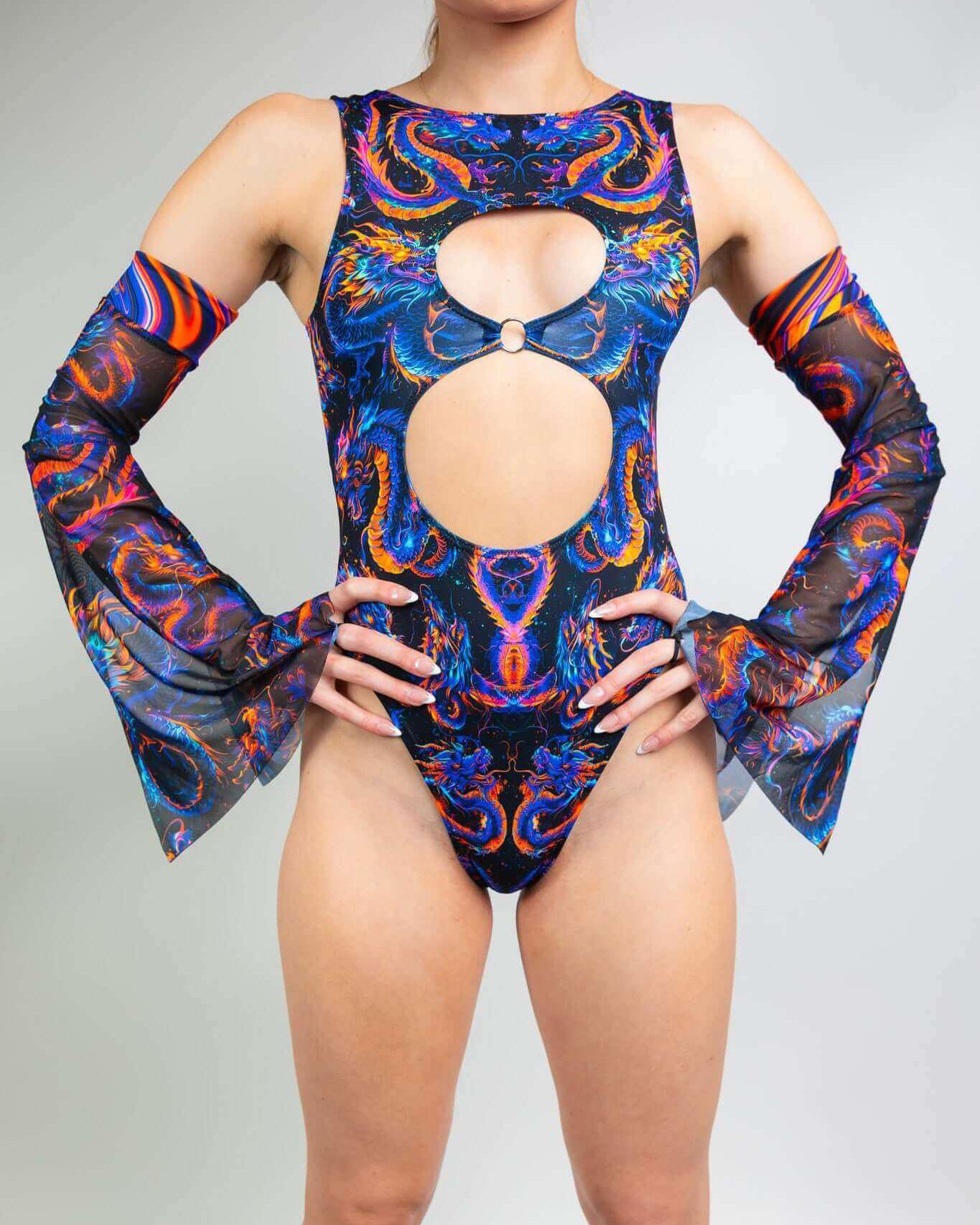 Blue and orange dragon mesh flare sleeves on a model, showcasing a bold rave outfit design with cut-out details.