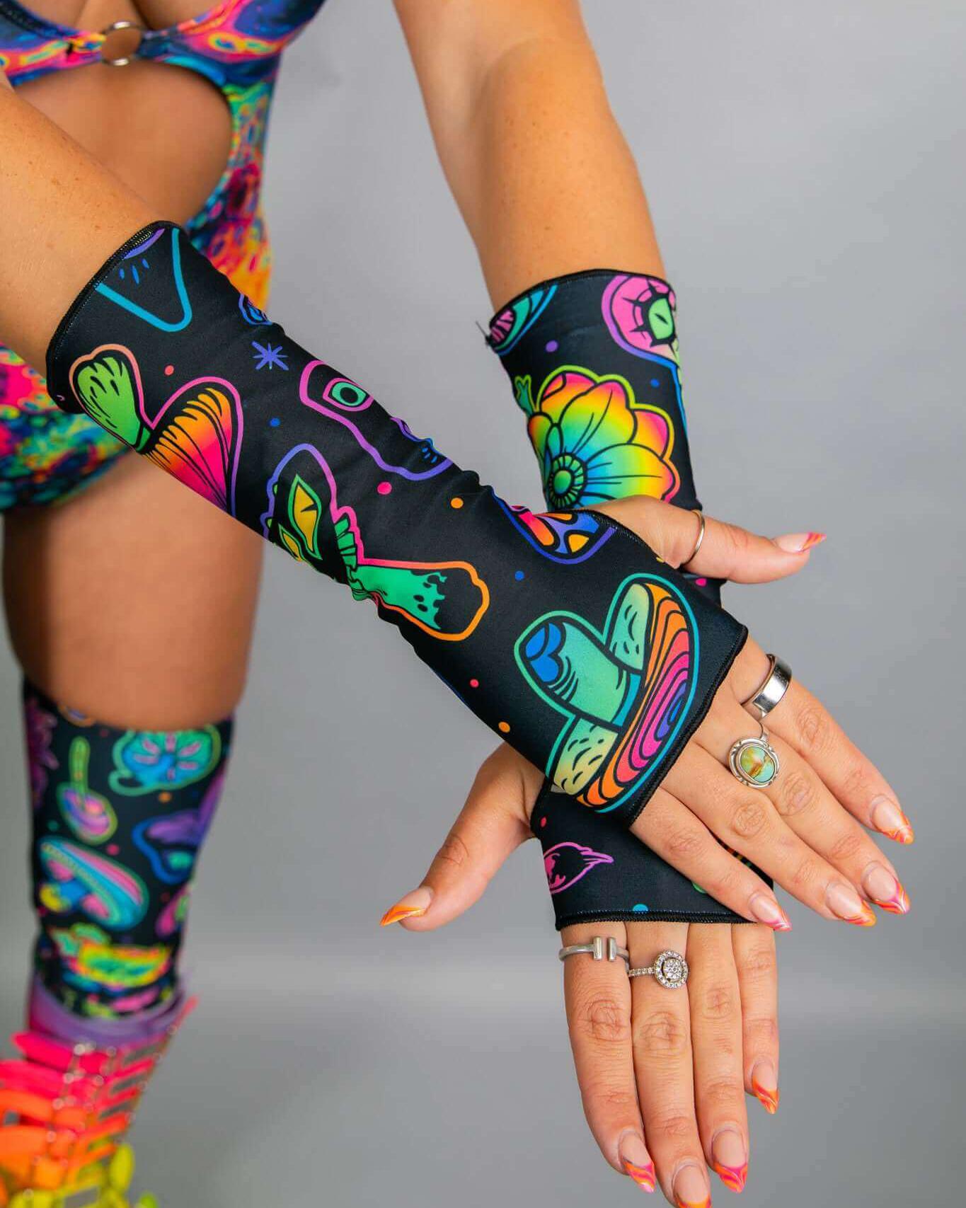 Shroomie! Gloves: colorful rave arm sleeves with thumb holes, perfect for enhancing festival outfits and dance performances.