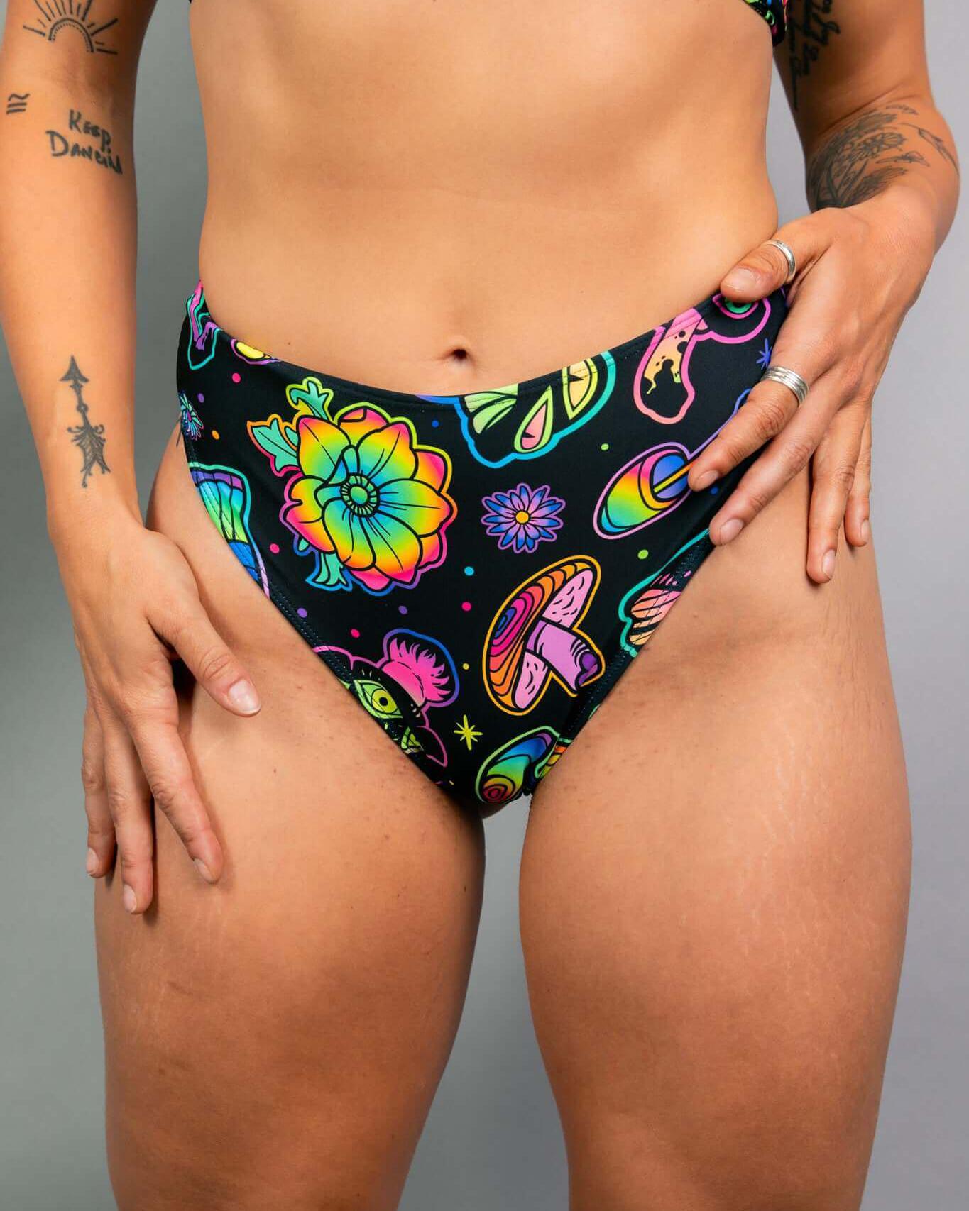 Shroomie! High Waisted Thong with vibrant mushroom and floral patterns, perfect for rave outfits and festivals.