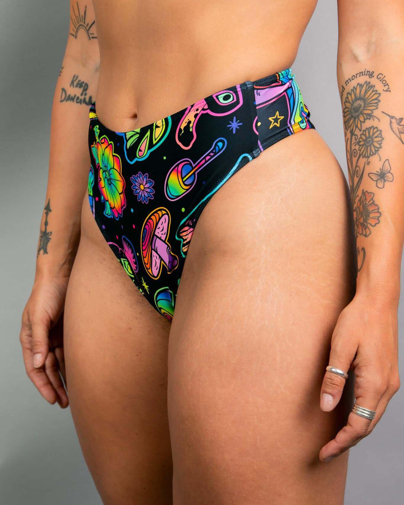 Shroomie! High Waisted Thong with vibrant trippy designs, perfect for rave outfits and festival vibes.