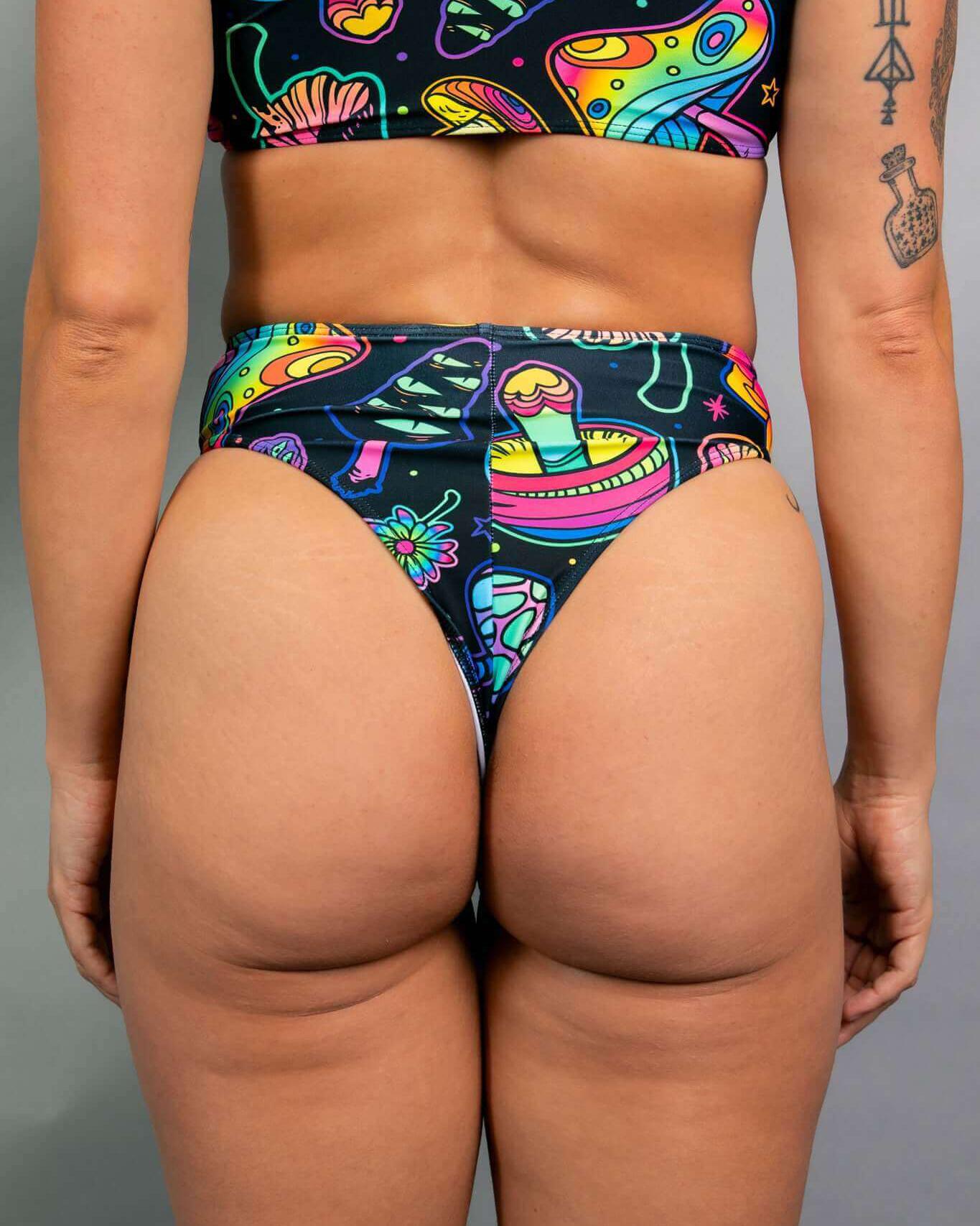 Shroomie! High Waisted Thong with colorful mushroom design, perfect for rave outfits and festival fun.