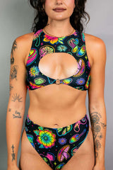 Shroomie! Keyhole Top featuring keyhole cutout and vibrant floral print, perfect for rave outfits and festival style.