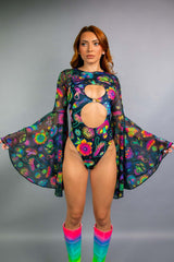 Freedom Rave Wear bodysuit with vibrant psychedelic mushrooms, bell sleeves, and a front cut-out. Perfect for making a bold statement.