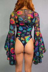 Freedom Rave Wear bodysuit with psychedelic mushroom print and bell sleeves. High-cut design perfect for festivals.