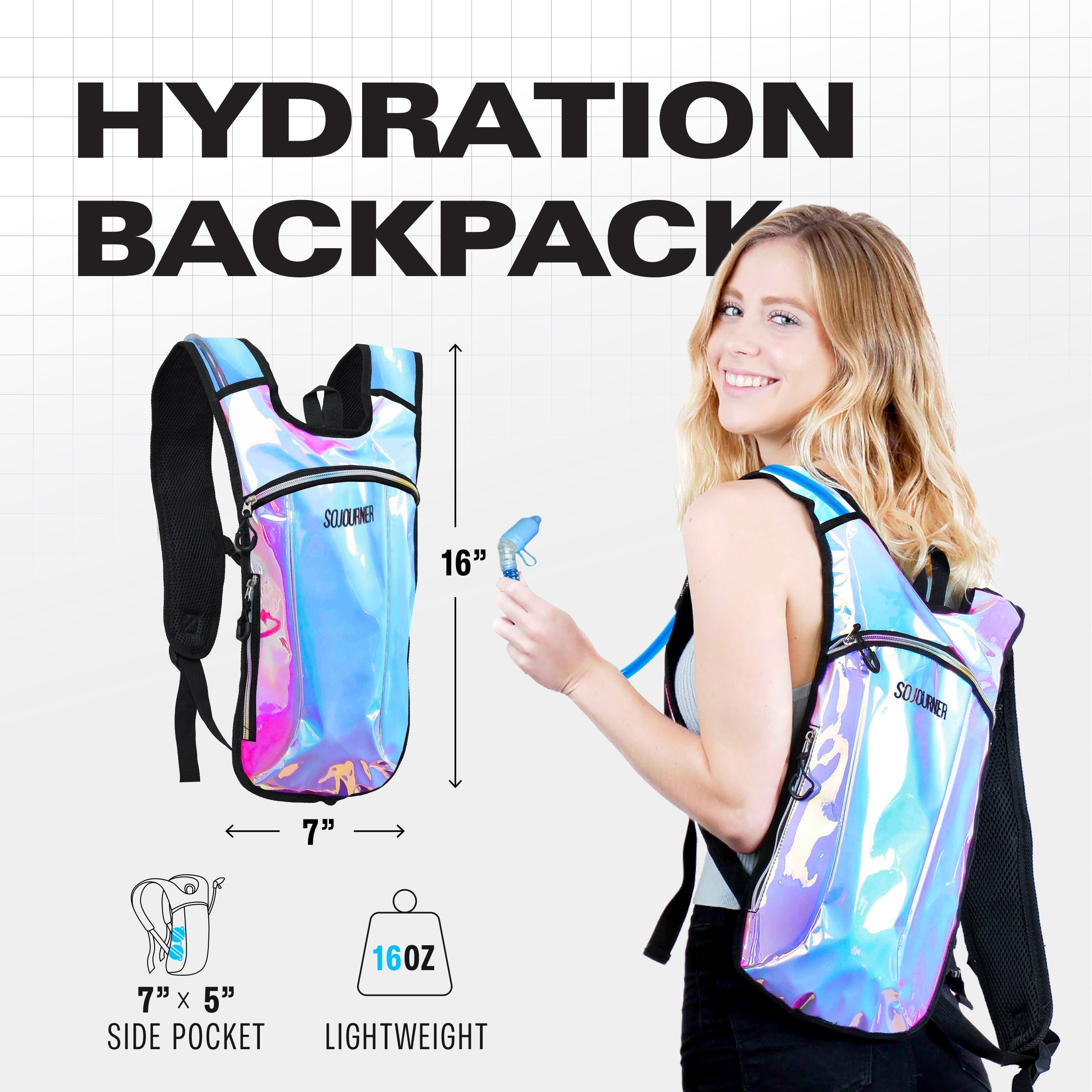 Hydration Pack Backpack (Small) shown on a model; lightweight with side pocket and vibrant design for rave outfits.