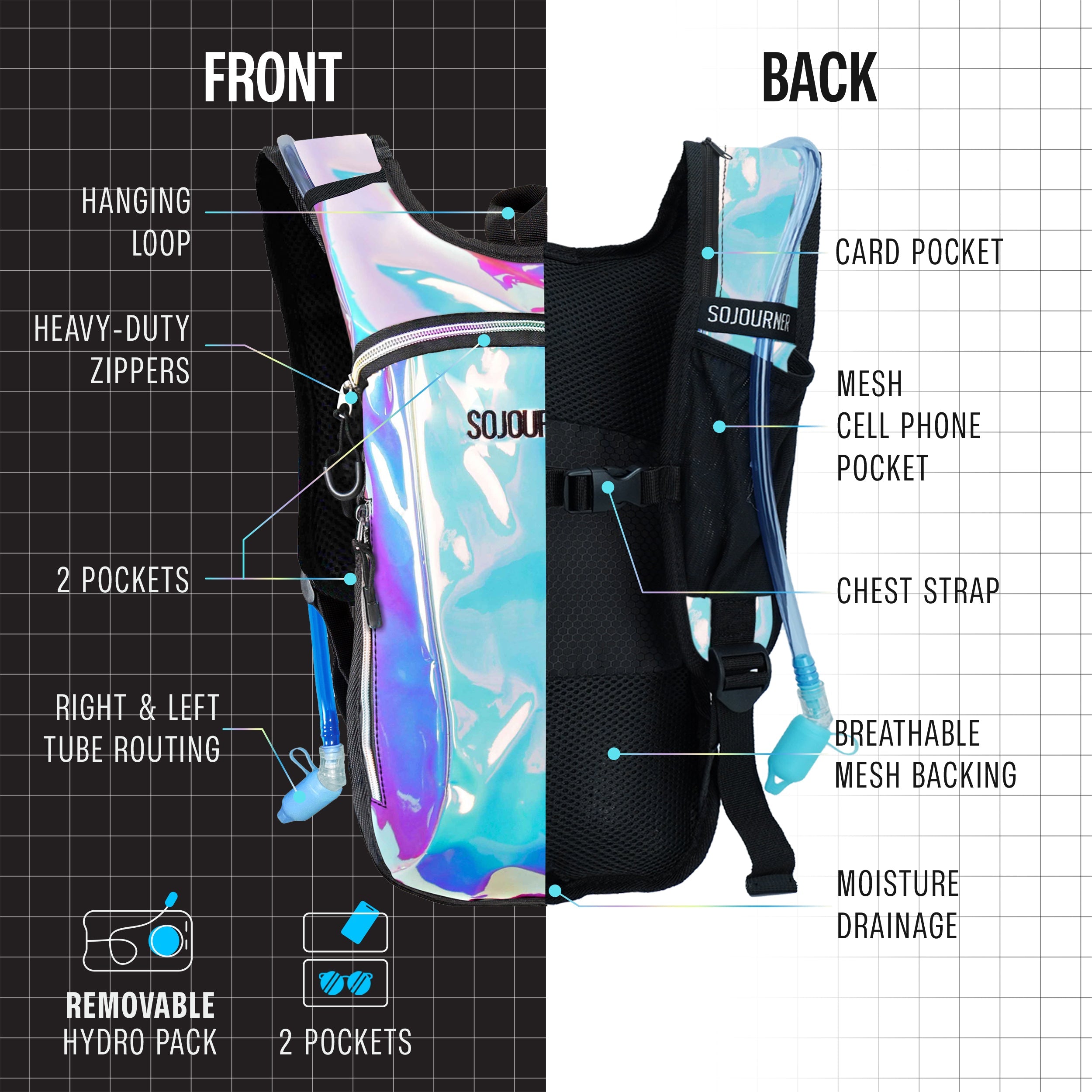 Hydration Pack Backpack (Small) showing front and back features like pockets, zippers, and adjustable straps.