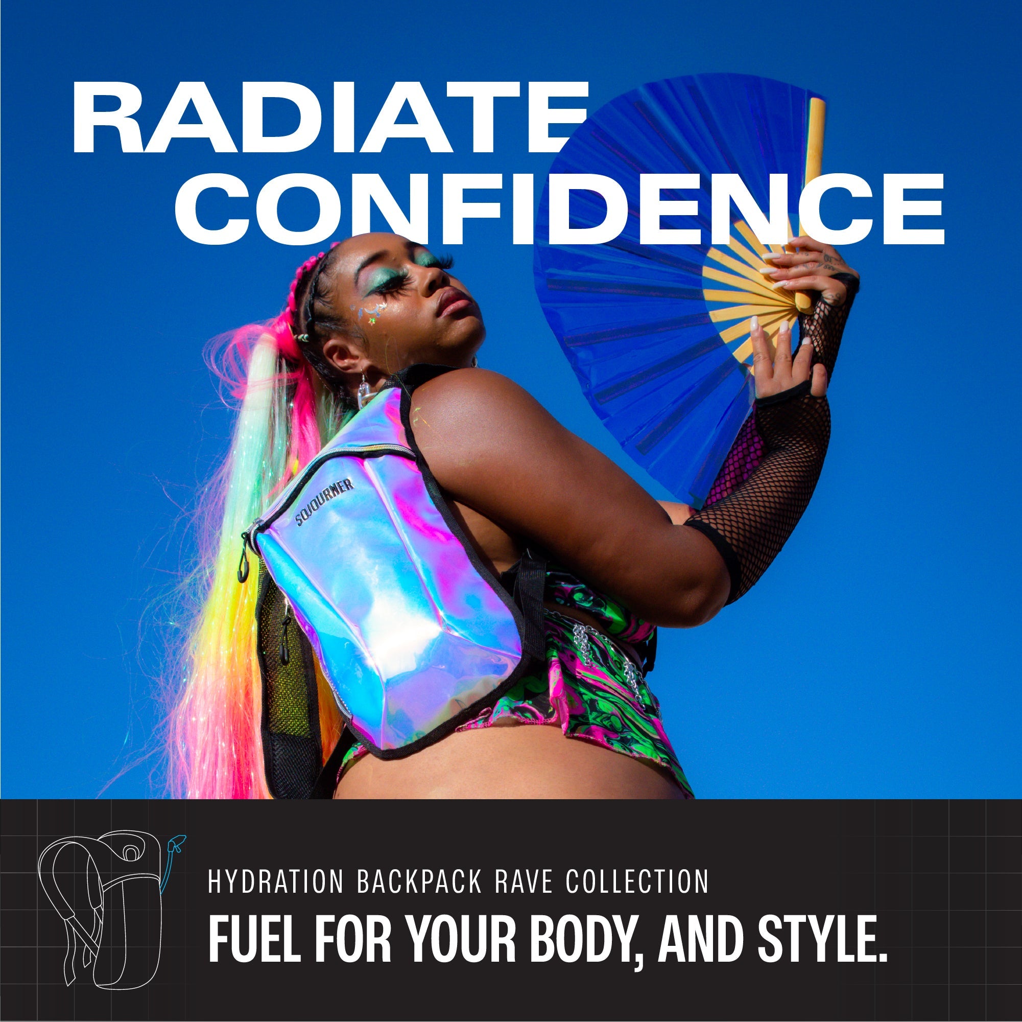 Model showcasing Hydration Pack Backpack (Small) at a rave, radiating confidence with a colorful style.