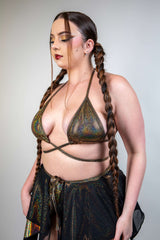 Starfire Wrap Bikini Top featuring gold sparkles and adjustable tie straps, perfect for rave outfits.