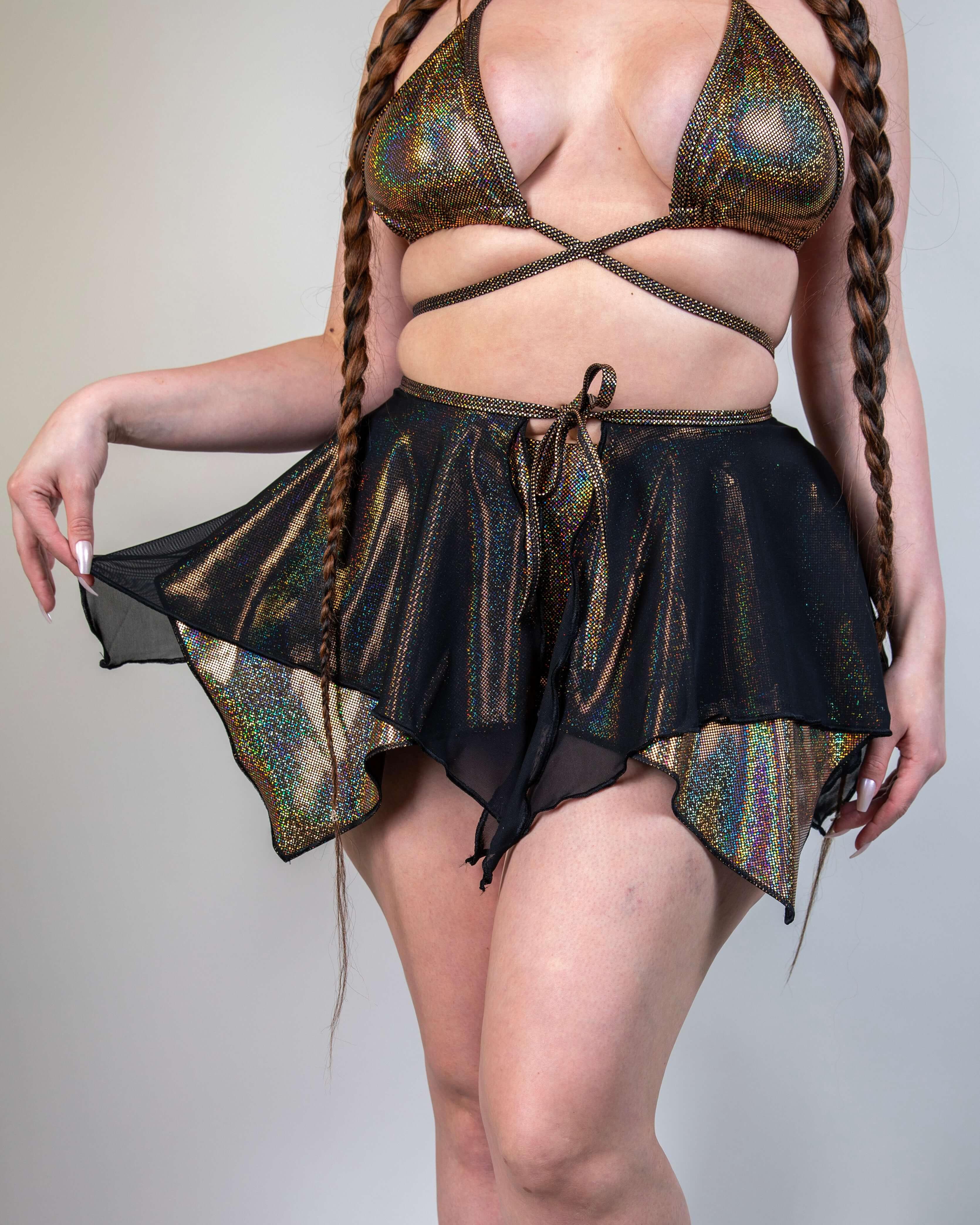 Model showcasing the Starfire Fairy Skirt with a sparkly bikini top, perfect for rave outfits and special occasions.