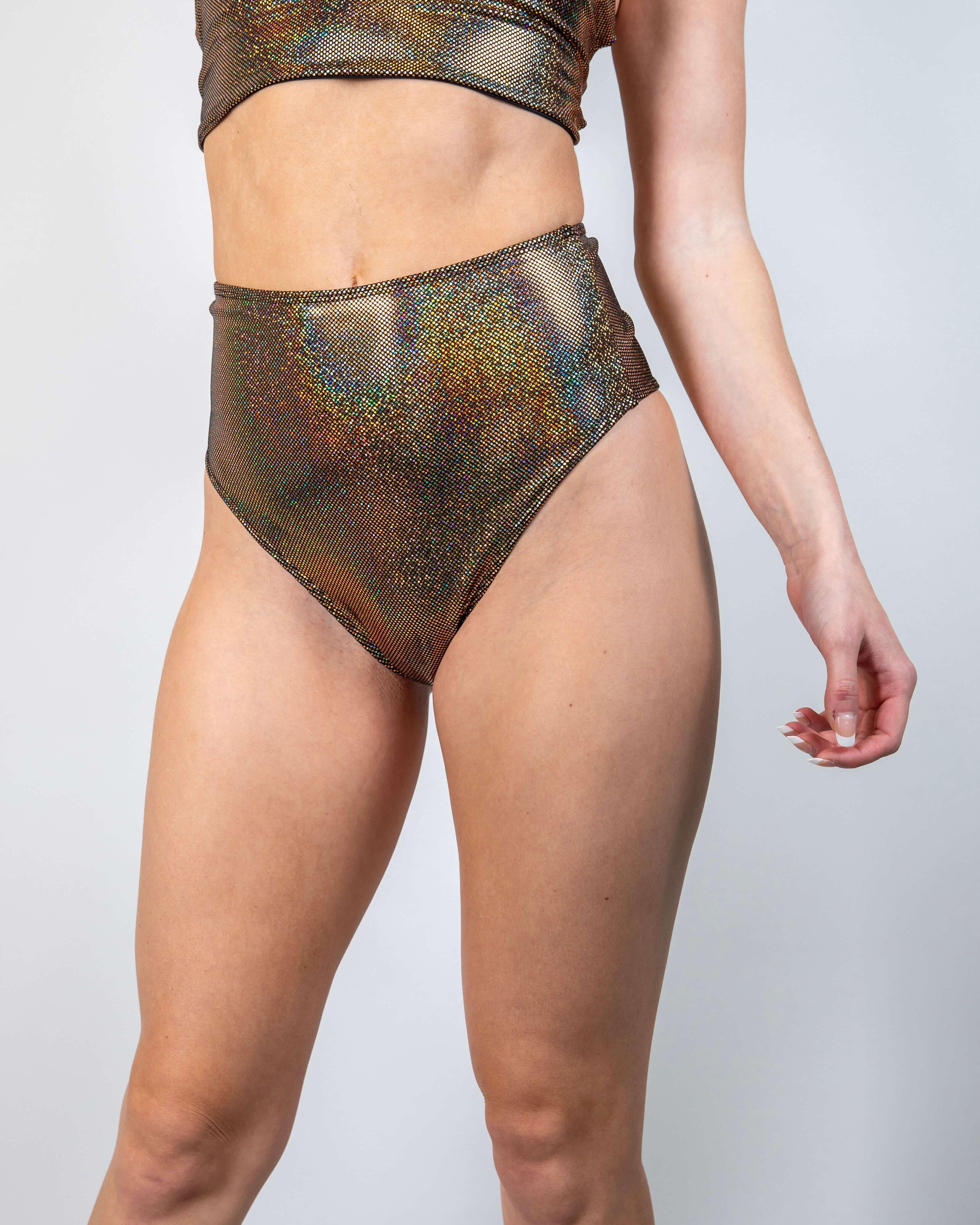 High waisted Starfire bikini bottoms with gold sparkle, perfect for stylish rave outfits.