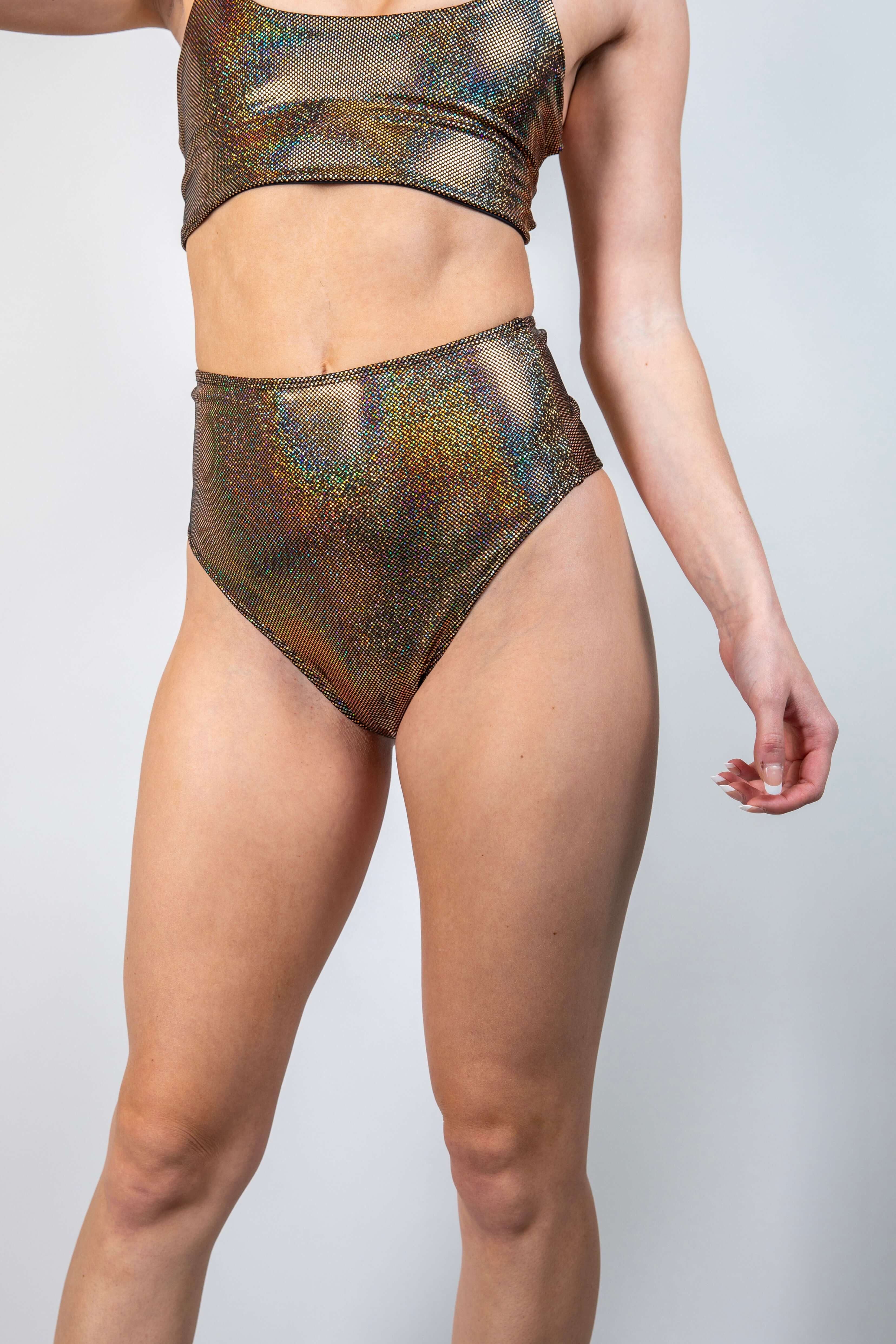 High waisted Starfire bikini bottoms with gold sparkle, perfect for stylish rave outfits.