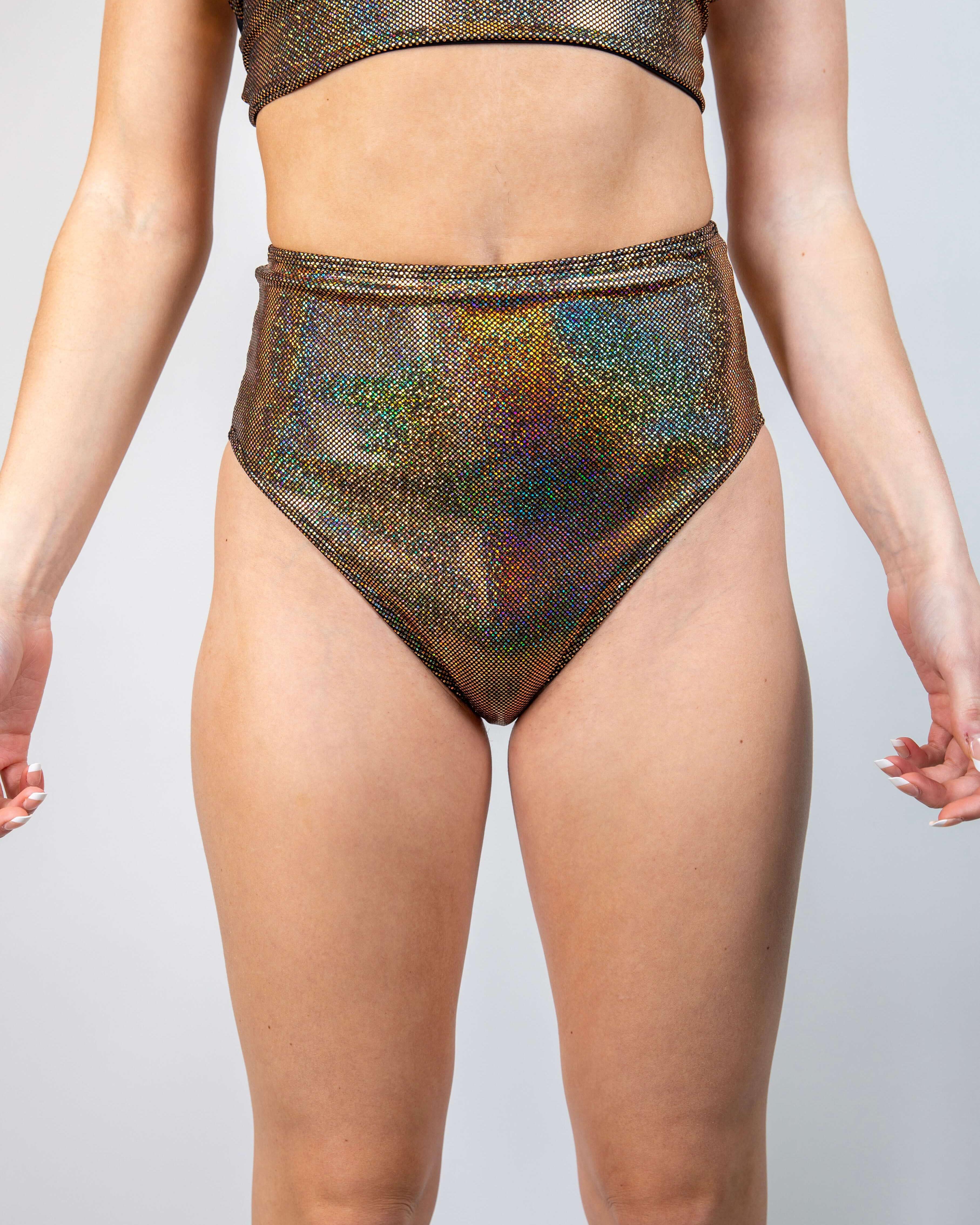 Starfire High Waisted Bikini Bottoms in gold sparkly design, perfect for rave outfits with cheeky cut and flattering fit.