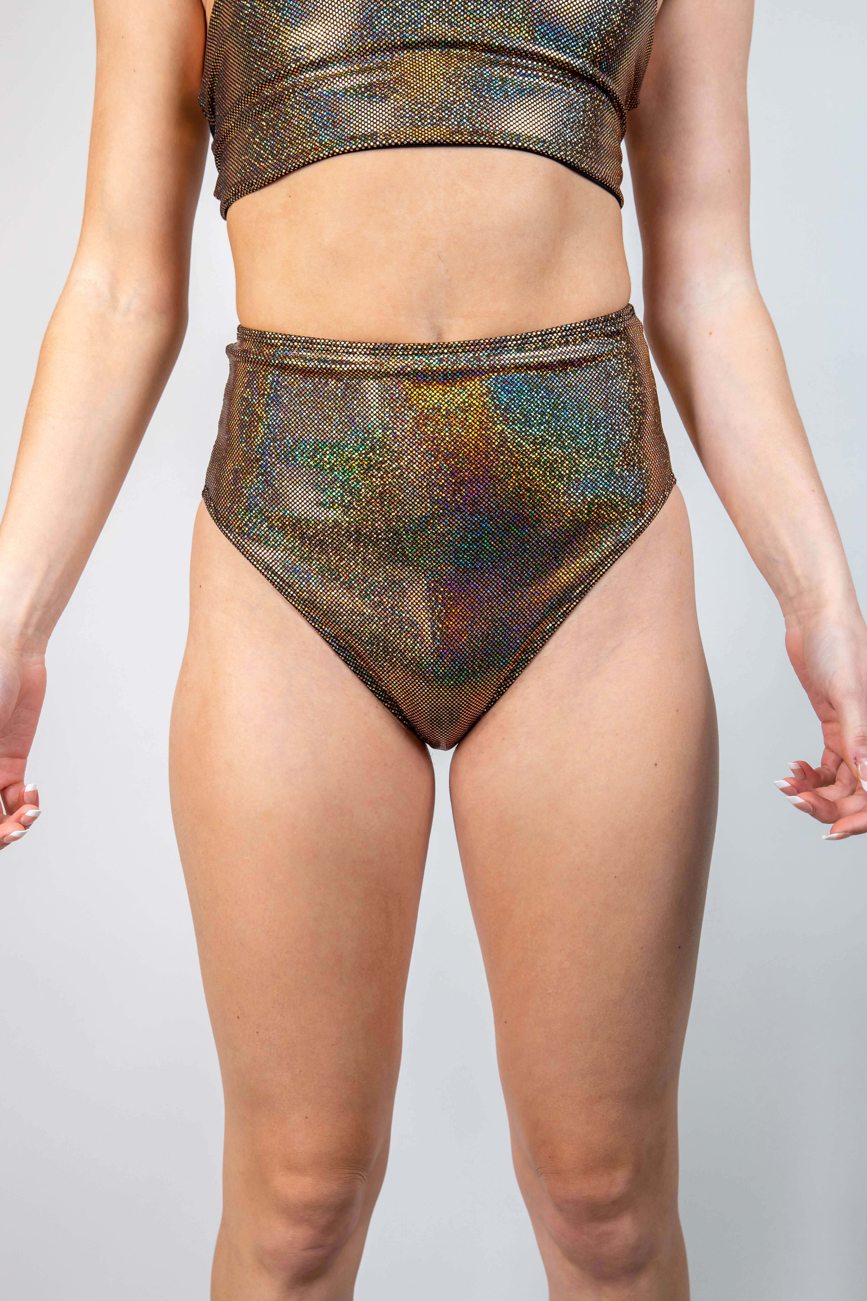 Starfire High Waisted Bikini Bottoms in gold sparkly design, perfect for rave outfits with cheeky cut and flattering fit.