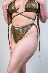 Starfire Retro Thong Bottoms featuring a sparkly gold design, perfect for rave outfits, beach and pool events.