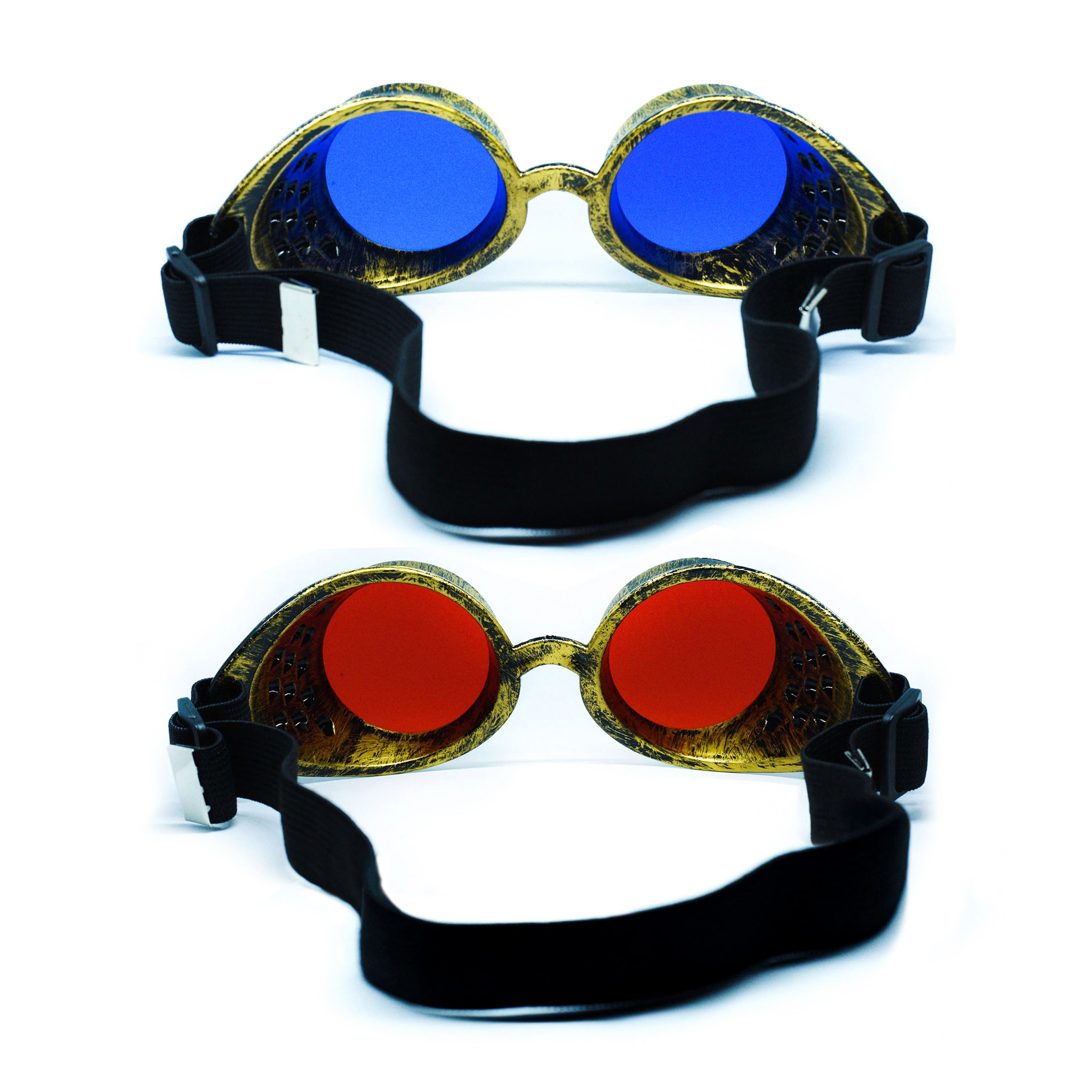 Steampunk Goggles and Kaleidoscope Glasses featuring blue and red lenses with an elastic band, perfect for rave outfits.