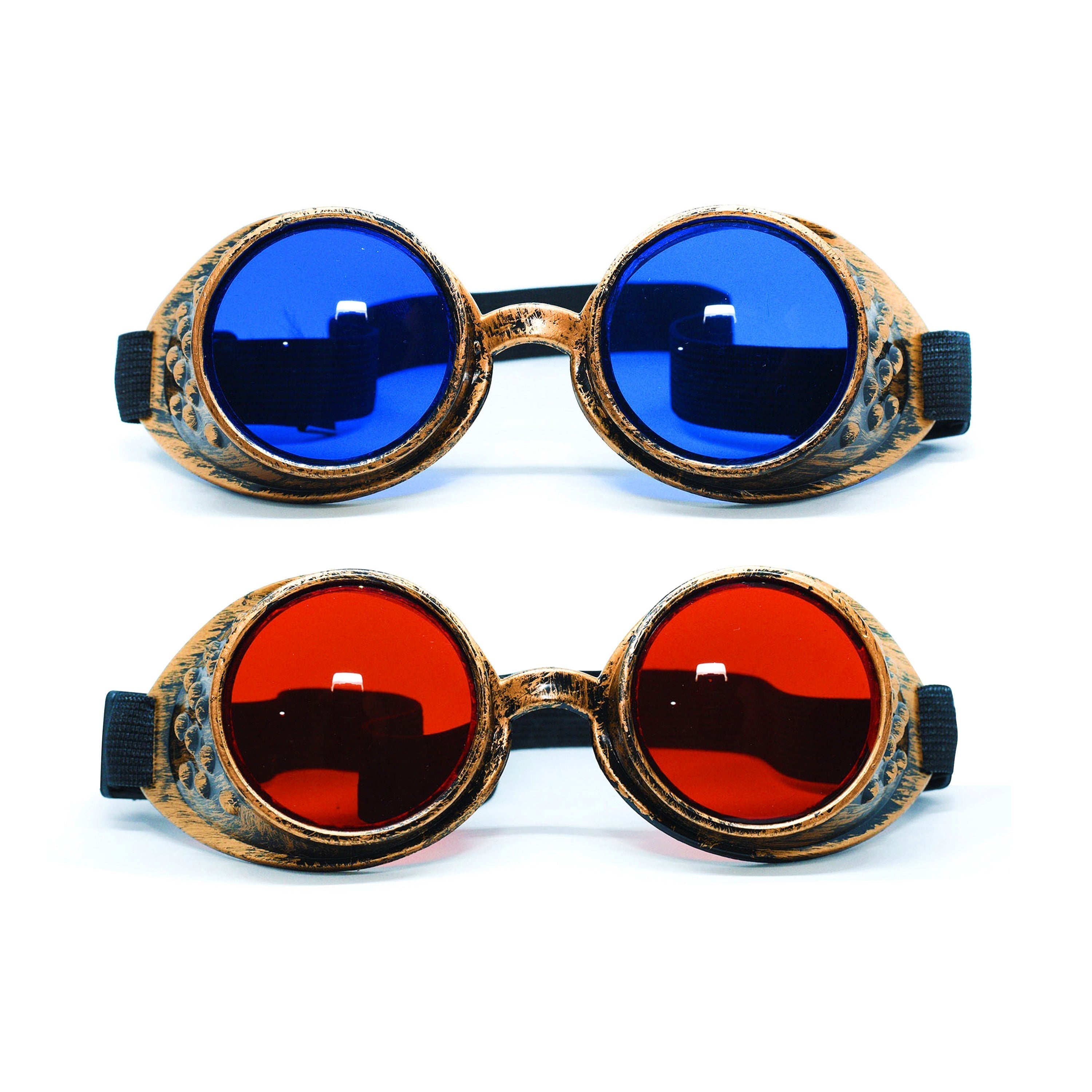 Steampunk Goggles and Kaleidoscope Glasses with blue and red gradient lenses on a white background.