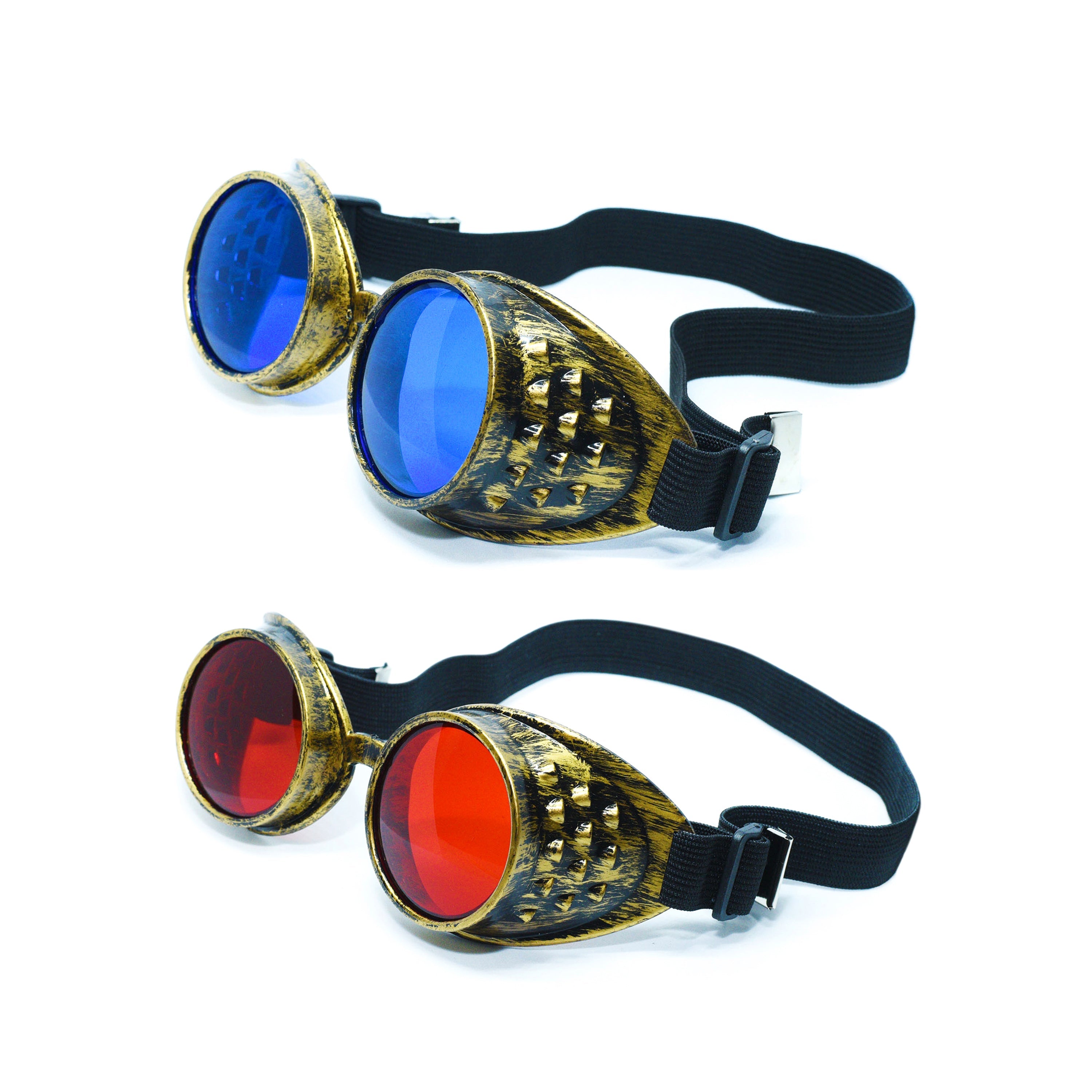 Steampunk Goggles and Kaleidoscope Glasses featuring blue and red lenses, elastic band for cosplay and festivals.