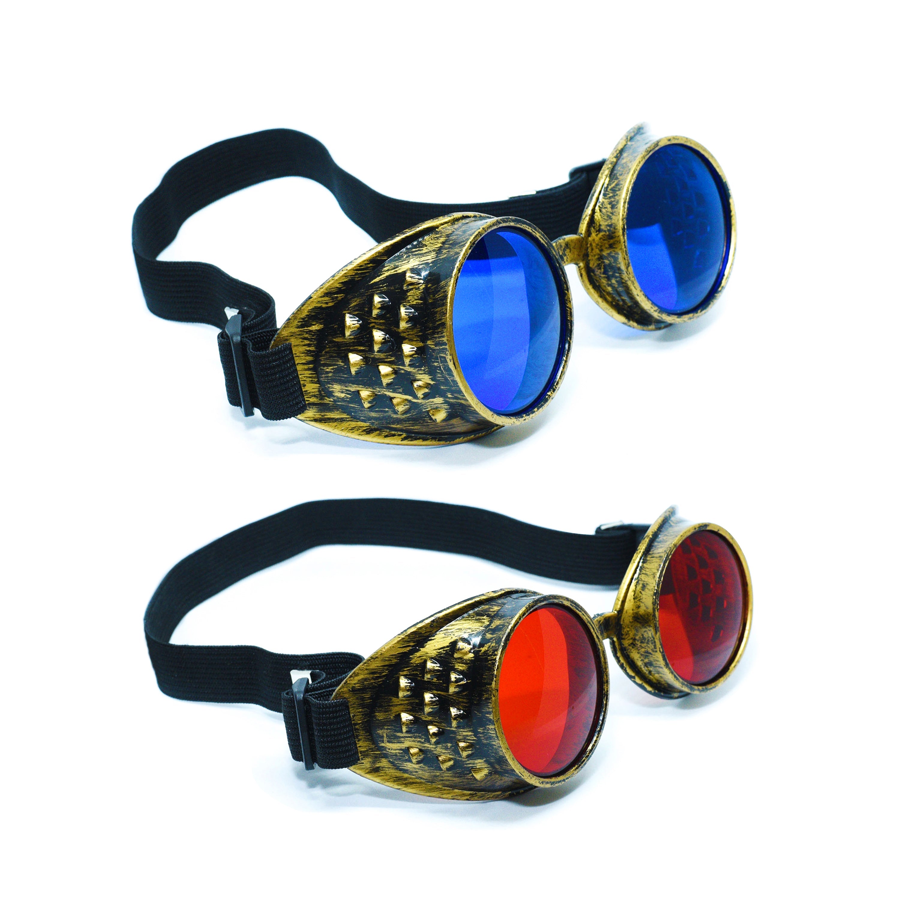 Steampunk Goggles and Kaleidoscope Glasses with blue and red lenses on an elastic band, perfect for rave outfits.