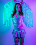 Model wearing Calypso Lace Bell Sleeves with a sparkly outfit, perfect for rave outfits and festival dancing.