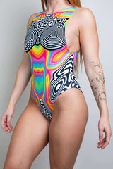 Colorful Technicolor bodysuit with psychedelic patterns, perfect for rave outfits and festivals.