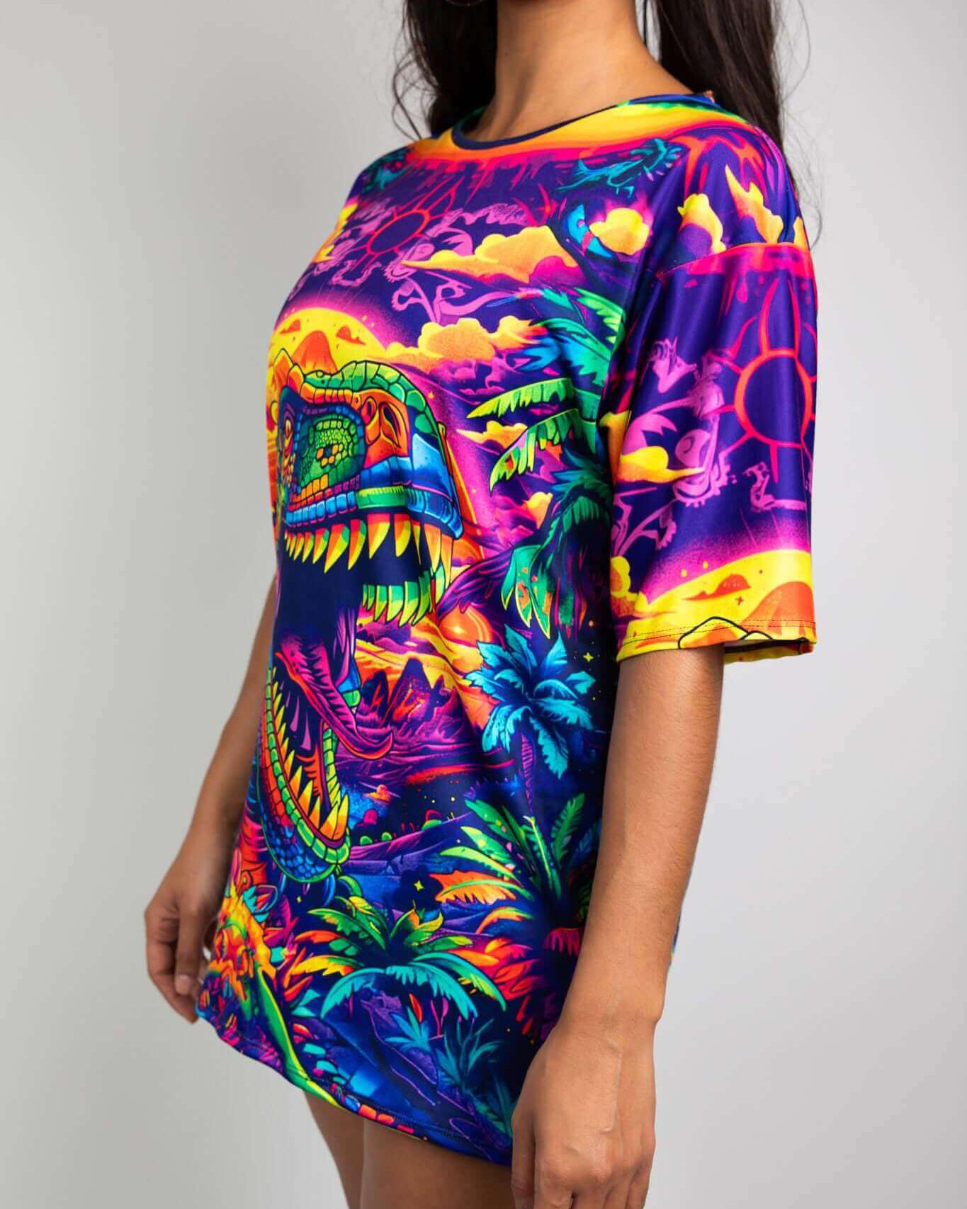 Colorful Titan Oversized Softee t-shirt featuring a bold T-Rex graphic, perfect for rave outfits and dino enthusiasts.