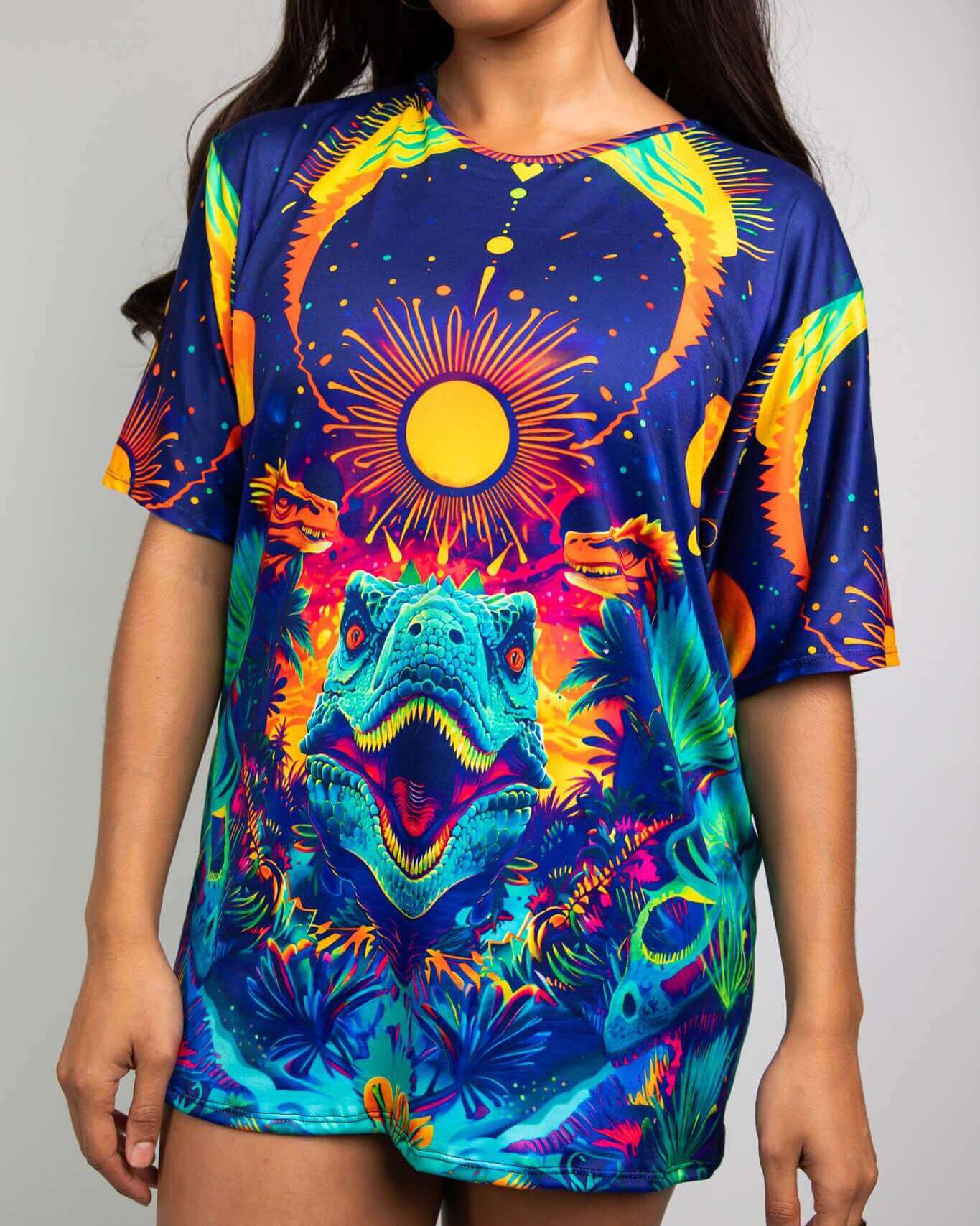 Model wearing Tyrant Oversized Softee with celestial dinosaur design, perfect for rave outfits and parties.