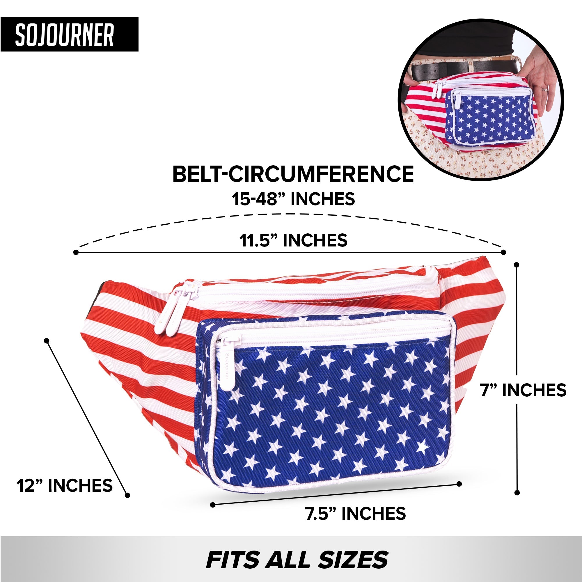 Fanny Pack (Solids) size chart showing dimensions and fit, ideal for rave outfits and versatile wear.