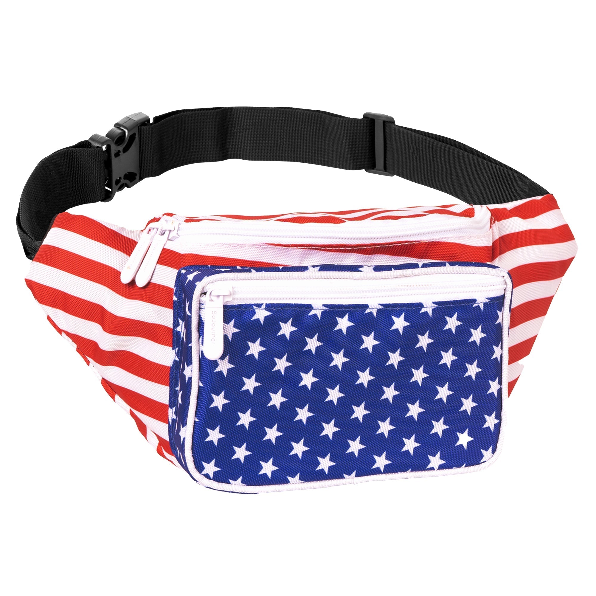 Fanny Pack (Solids) in red stripes and blue stars, perfect for rave outfits and outdoor events.