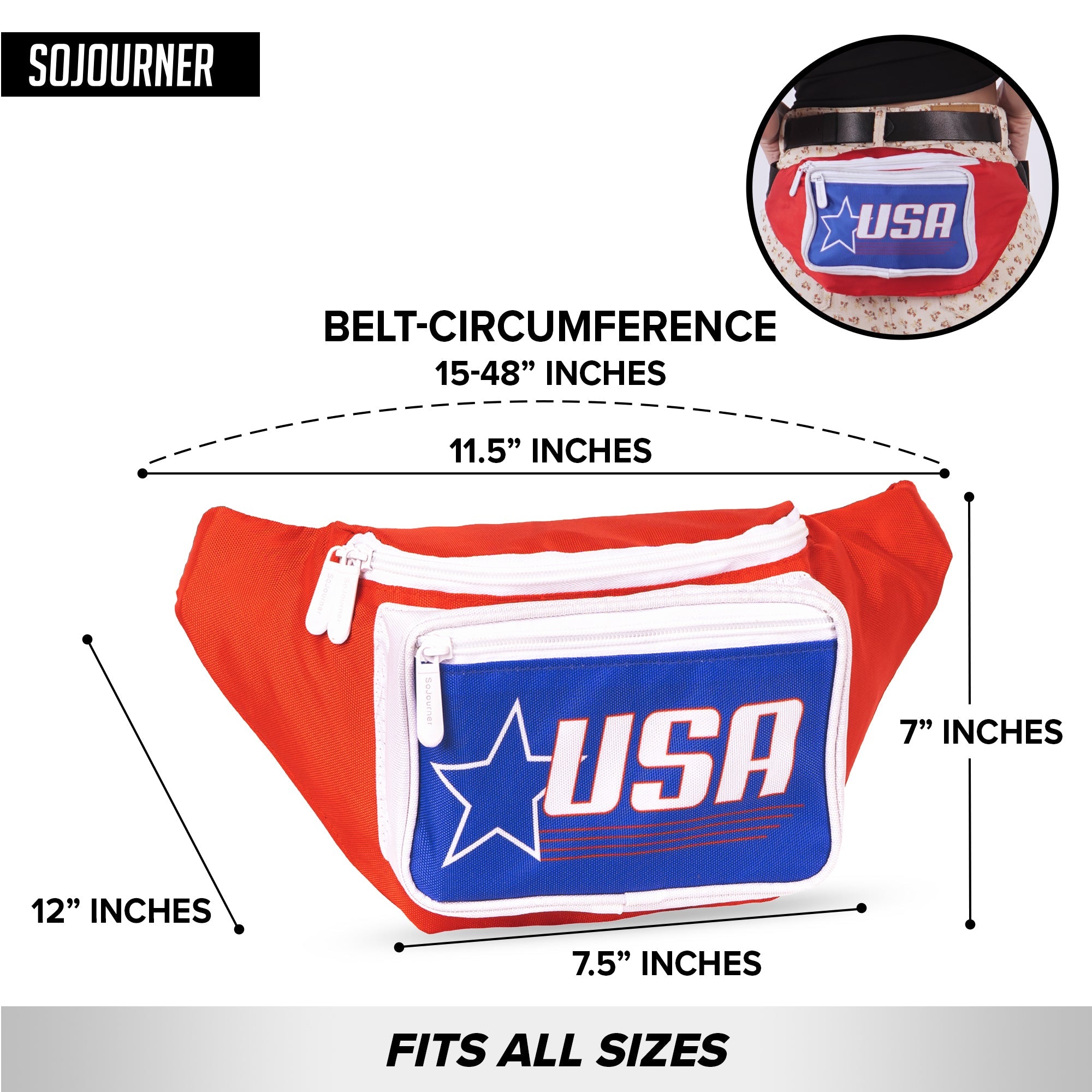 Fanny Pack (Solids) with USA design, dimensions, and adjustable belt for rave outfits and convenient storage.