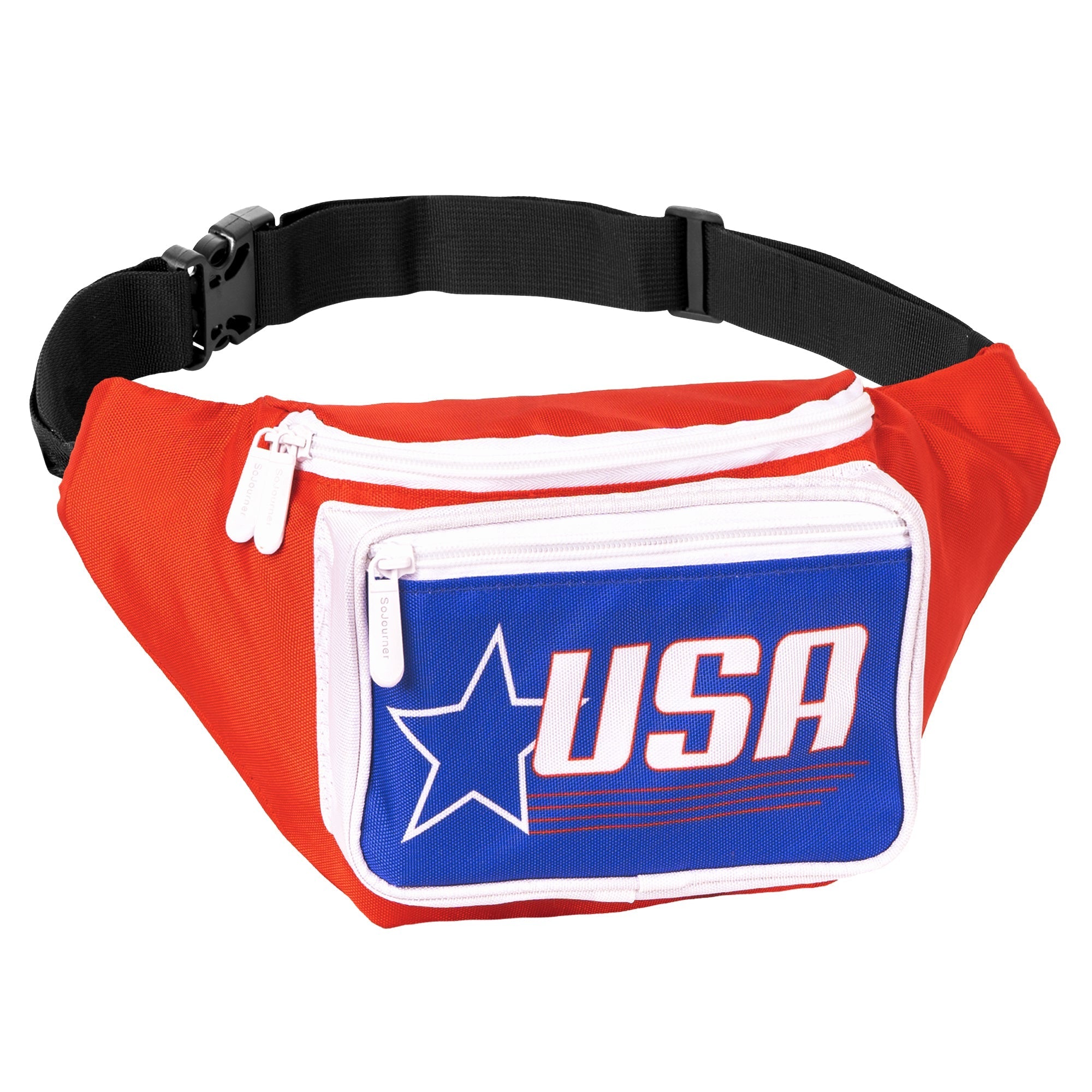 Fanny Pack (Solids) in red and blue with USA design, perfect for rave outfits and organized storage.