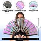 Festival Fans with holographic design and bamboo frame, perfect for rave outfits and summer festivals.