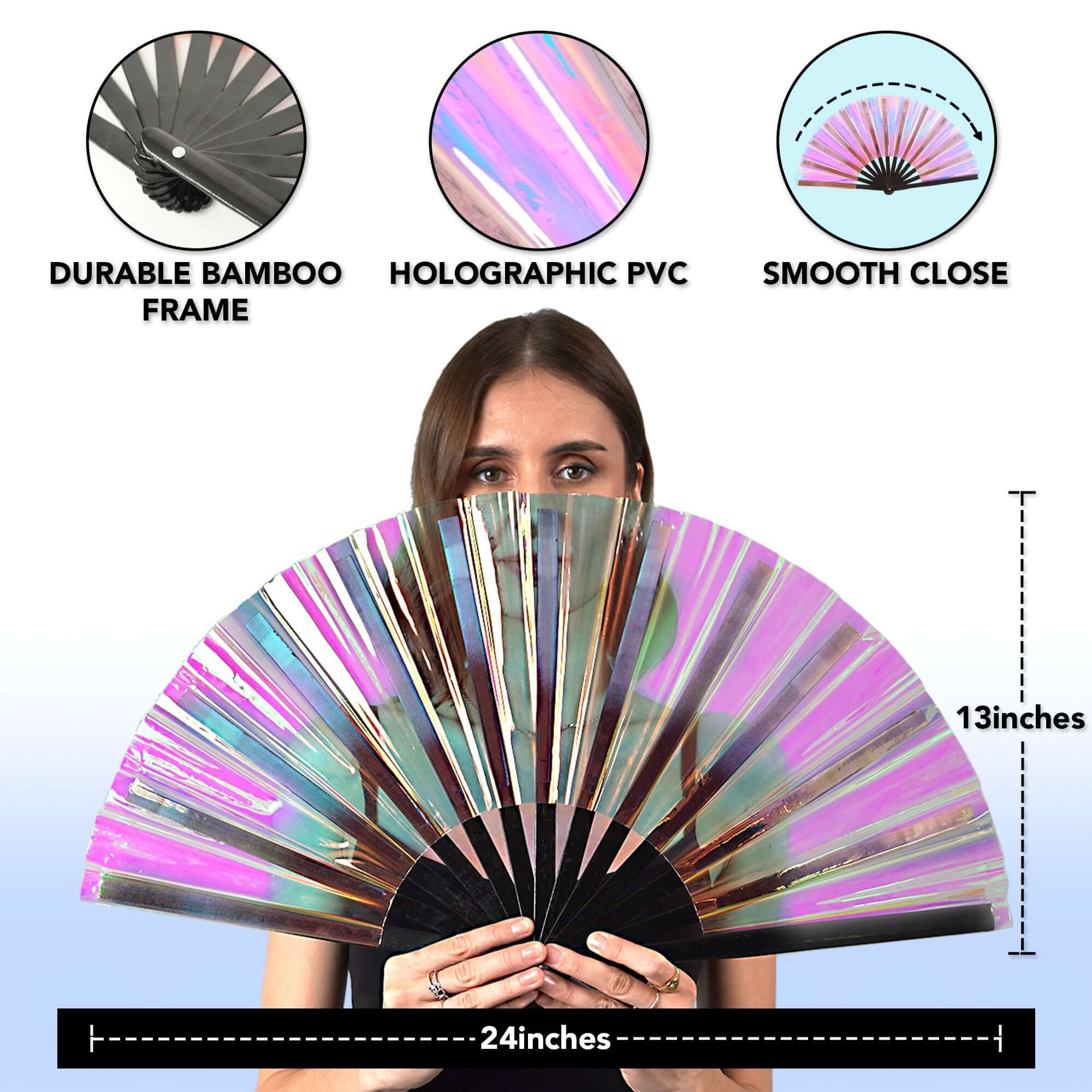 Festival Fans with holographic design and bamboo frame, perfect for rave outfits and summer festivals.