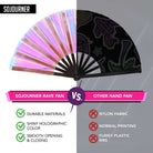 Festival Fans comparison image showcasing SoJourner rave fan features versus other hand fans.