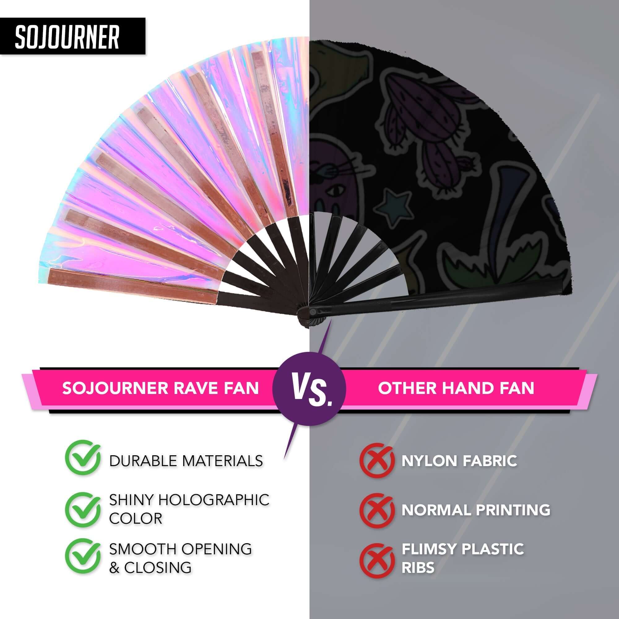 Festival Fans comparison image showcasing SoJourner rave fan features versus other hand fans.