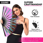 Festival Fans showcasing superb craftsmanship with a woman holding a colorful folding fan, perfect for rave outfits.