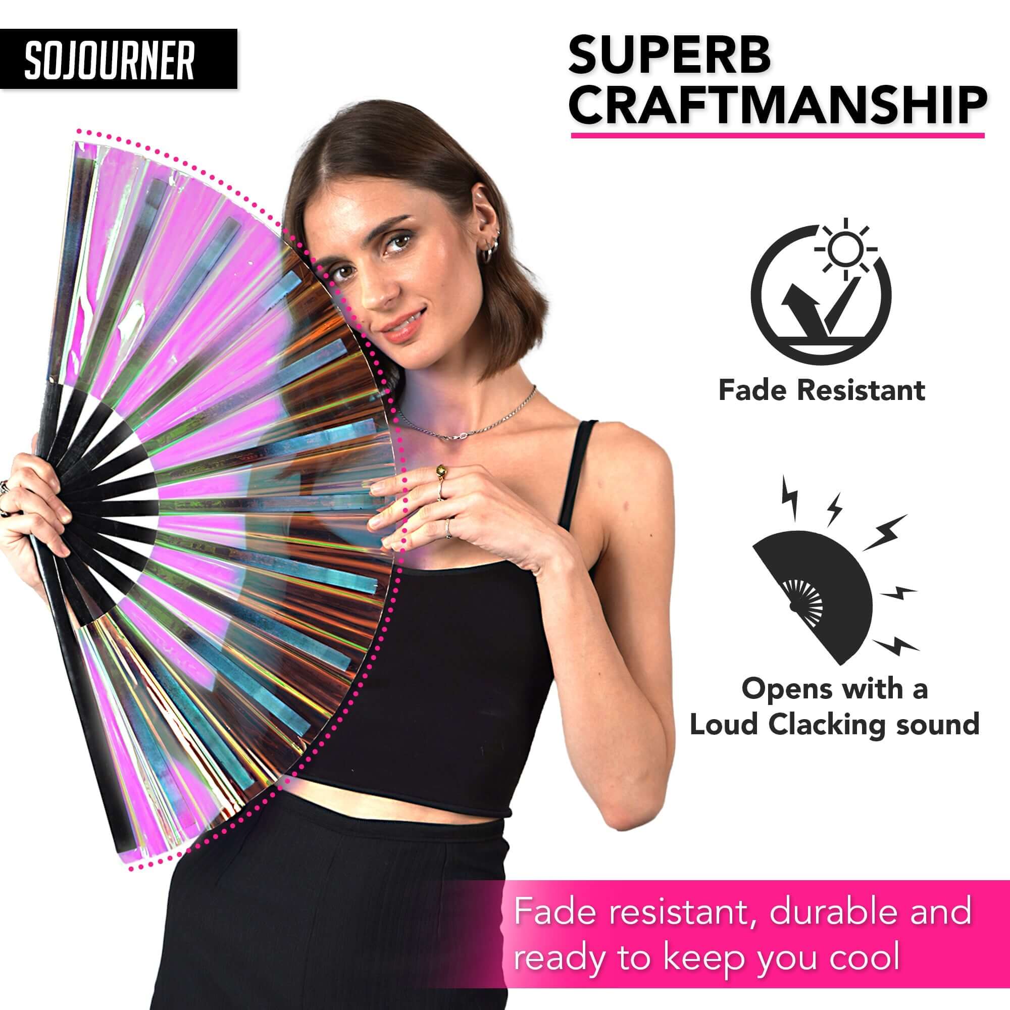 Festival Fans showcasing superb craftsmanship with a woman holding a colorful folding fan, perfect for rave outfits.