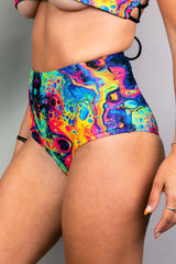 Vivid High Waisted Bottoms with colorful abstract design, perfect for rave outfits and summer festivals.