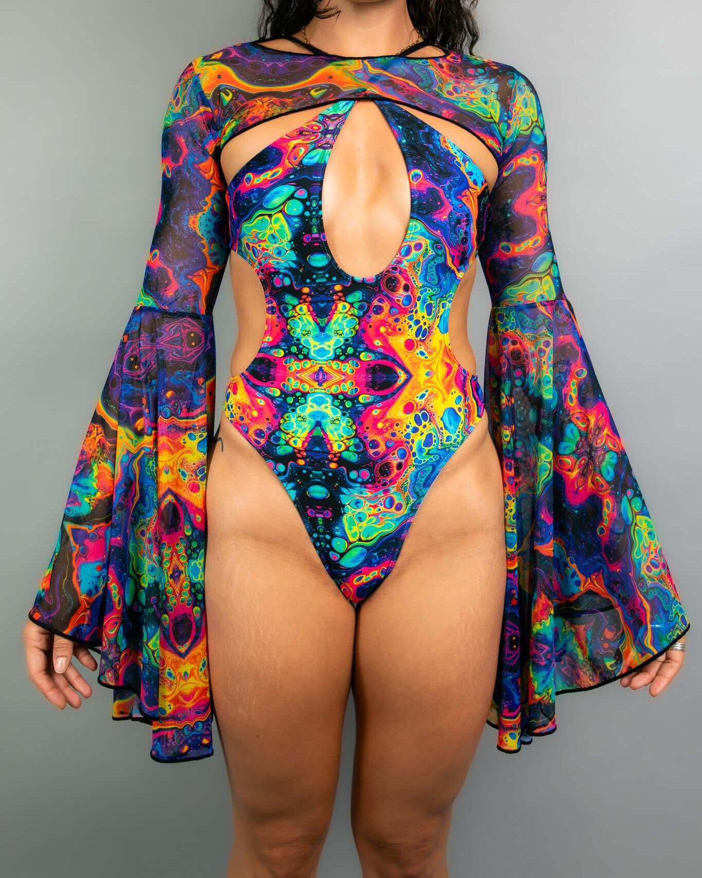 Model wearing vibrant mesh bell sleeves with a colorful bodysuit, perfect for rave outfits and striking festival looks.