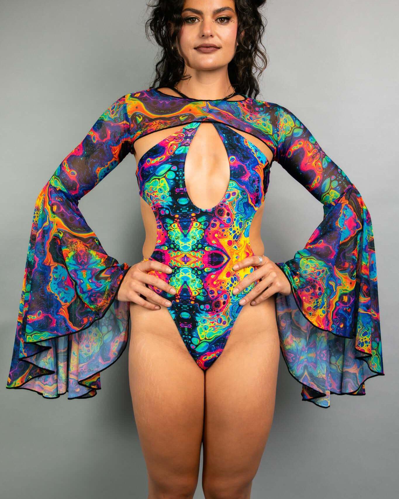 Model wearing Vivid Mesh Bell Sleeves rave outfit with colorful patterns and dramatic bell sleeves for festival style.