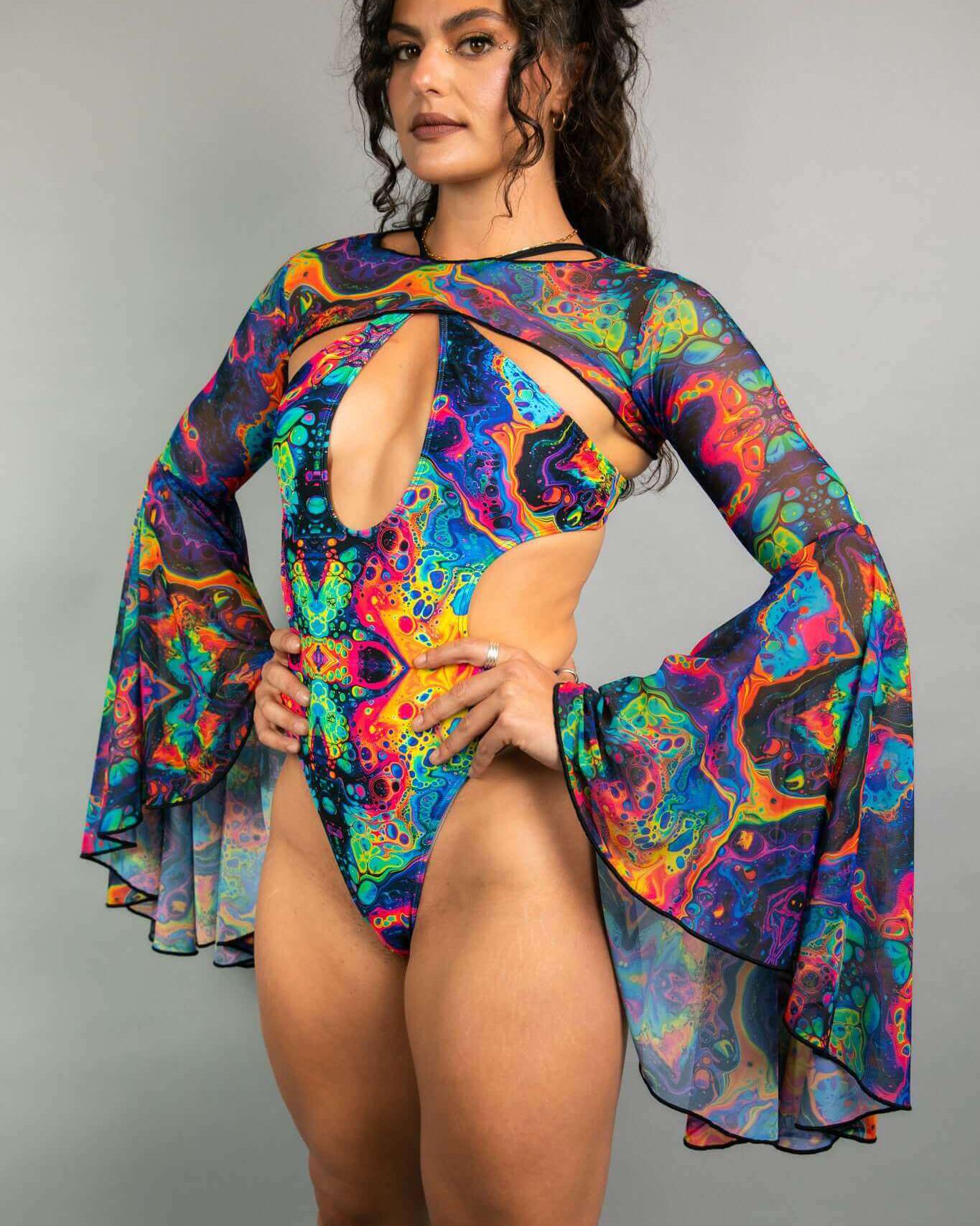 Model showcasing vibrant mesh bell sleeves with a colorful bodysuit, perfect for rave outfits and festival looks.