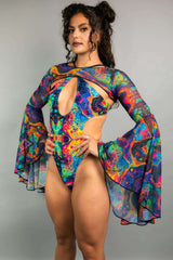 Model showcasing vibrant mesh bell sleeves with a colorful bodysuit, perfect for rave outfits and festival looks.