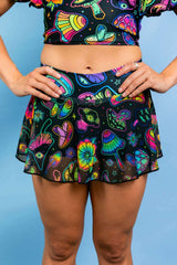 Vibrant Shroomie! Mesh Skort featuring a trippy mushroom print, perfect for stylish rave outfits.