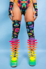 Vibrant Shroomie! Leg Sleeves with colorful rave outfit, featuring over-the-knee style and bold patterns for festival fashion.