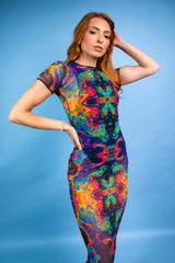 Freedom Rave Wear midi dress with a vibrant psychedelic pattern, short sleeves, and a form-fitting silhouette, perfect for festivals.