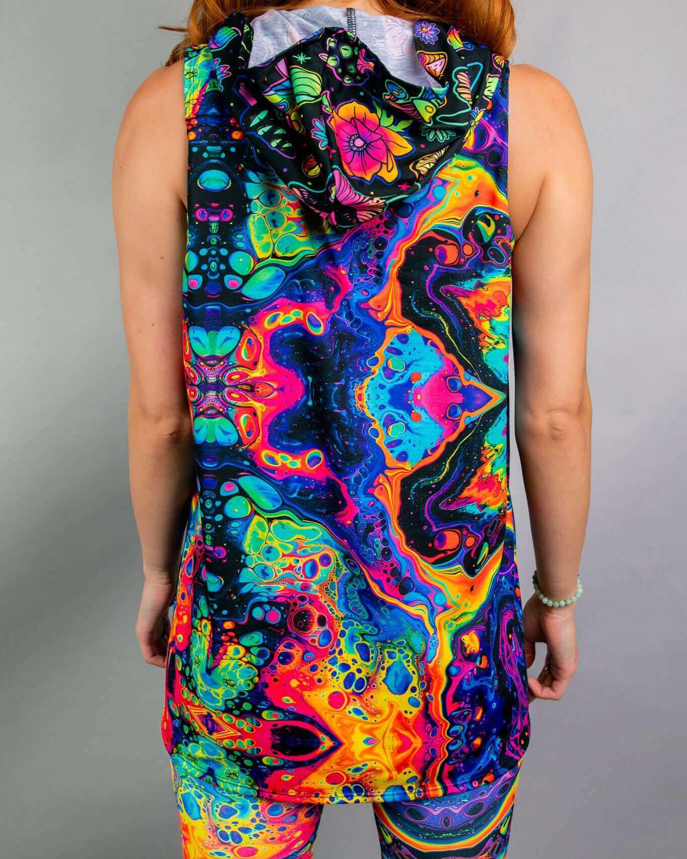 Vivid Shroomie unisex hooded tank top showcasing vibrant psychedelic colors, perfect for rave outfits.