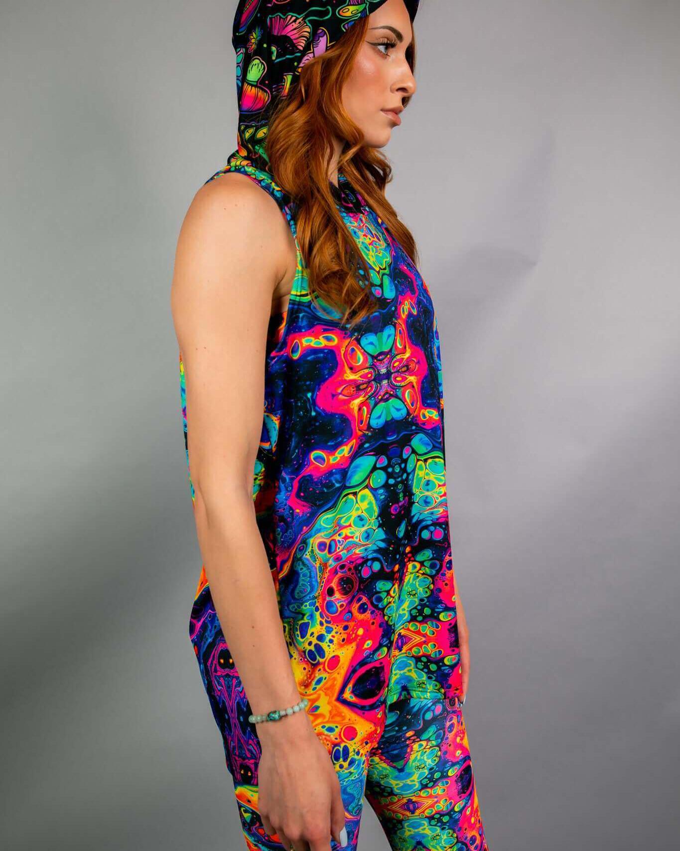 Colorful unisex hooded tank top with psychedelic pattern, perfect for rave outfits and stylish comfort.